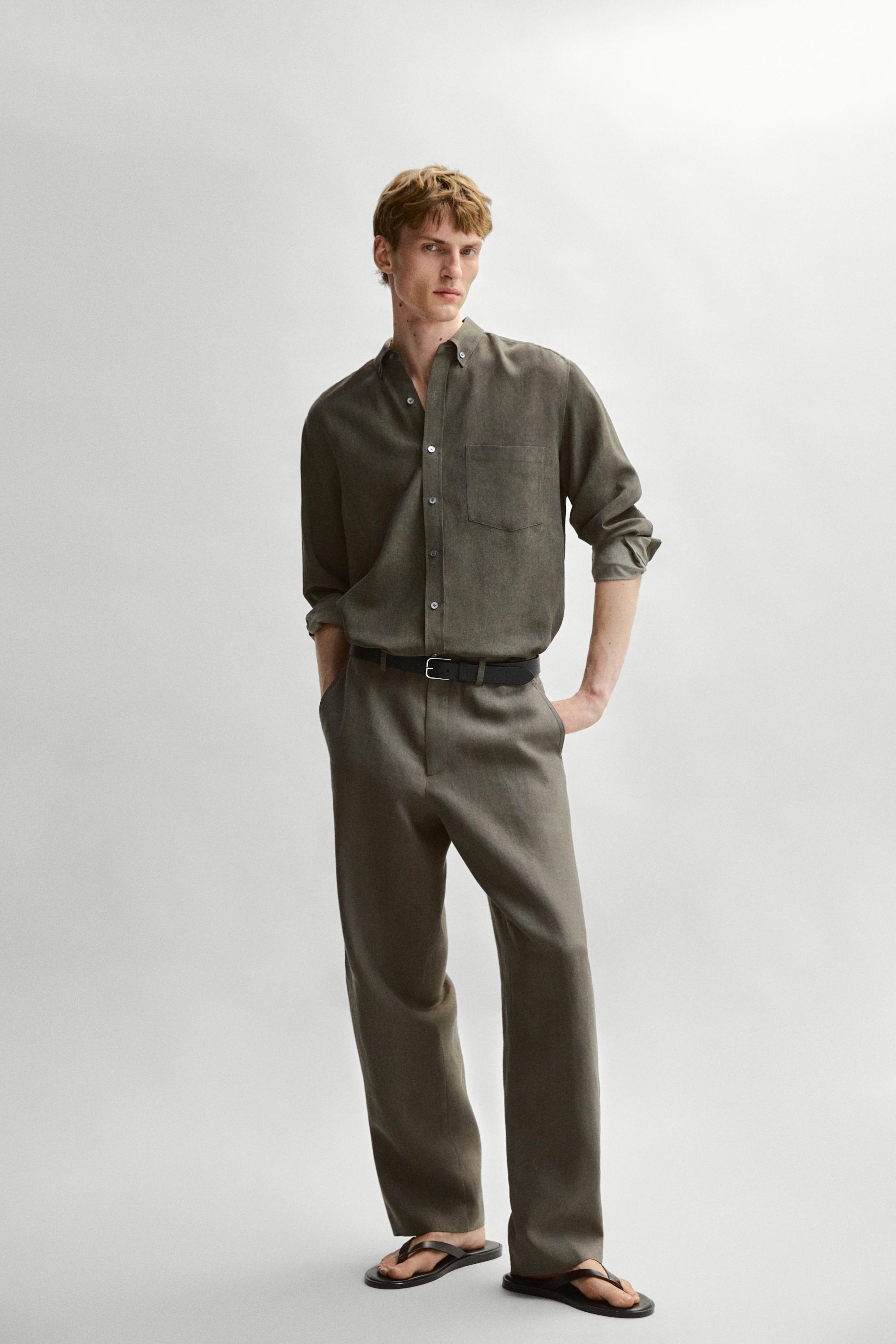 100% linen straight-leg trousers — GREEN