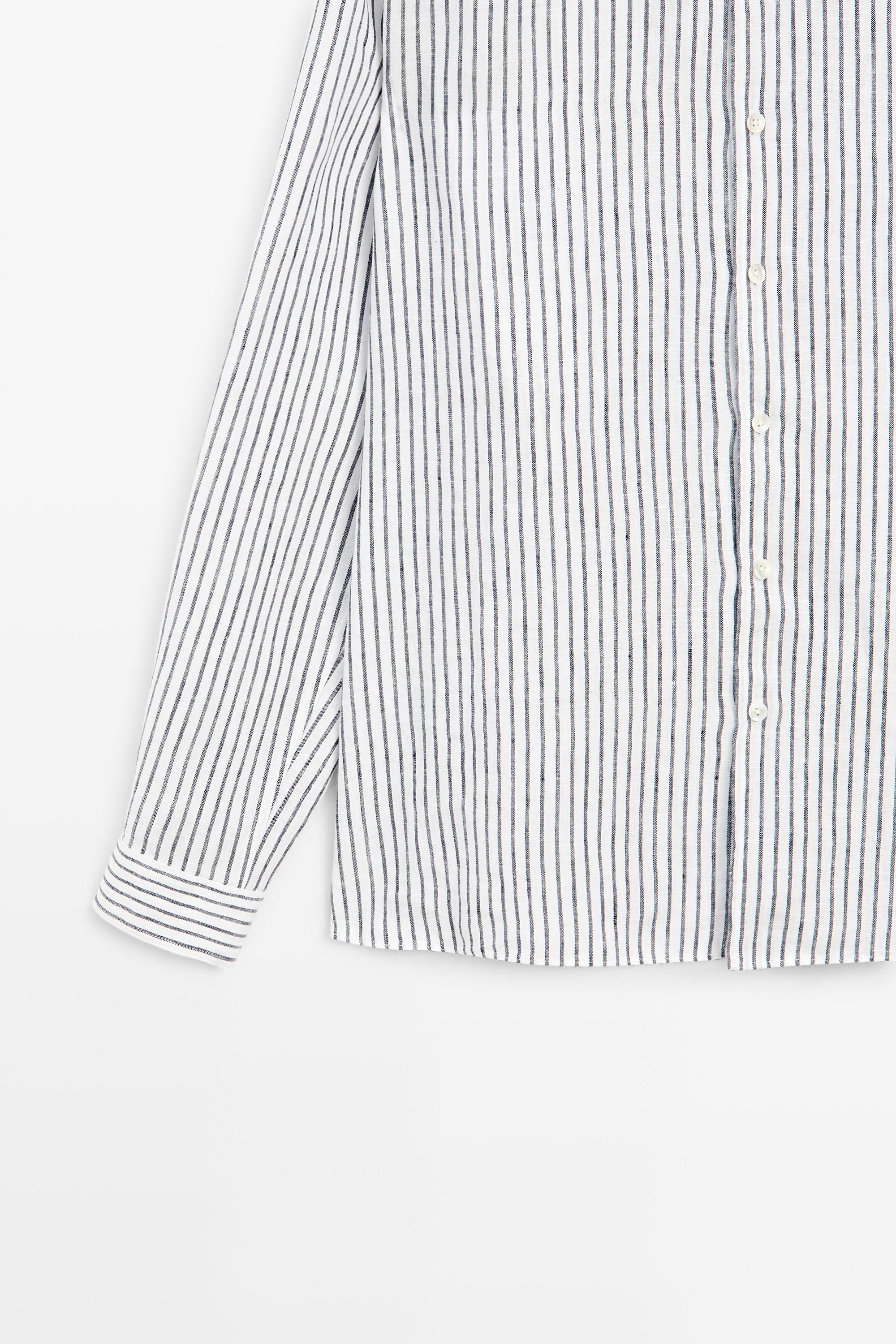 Regular fit 100% linen striped shirt — NAVY BLUE