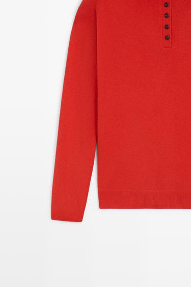 Hooded knit sweater with button detail — RED 7