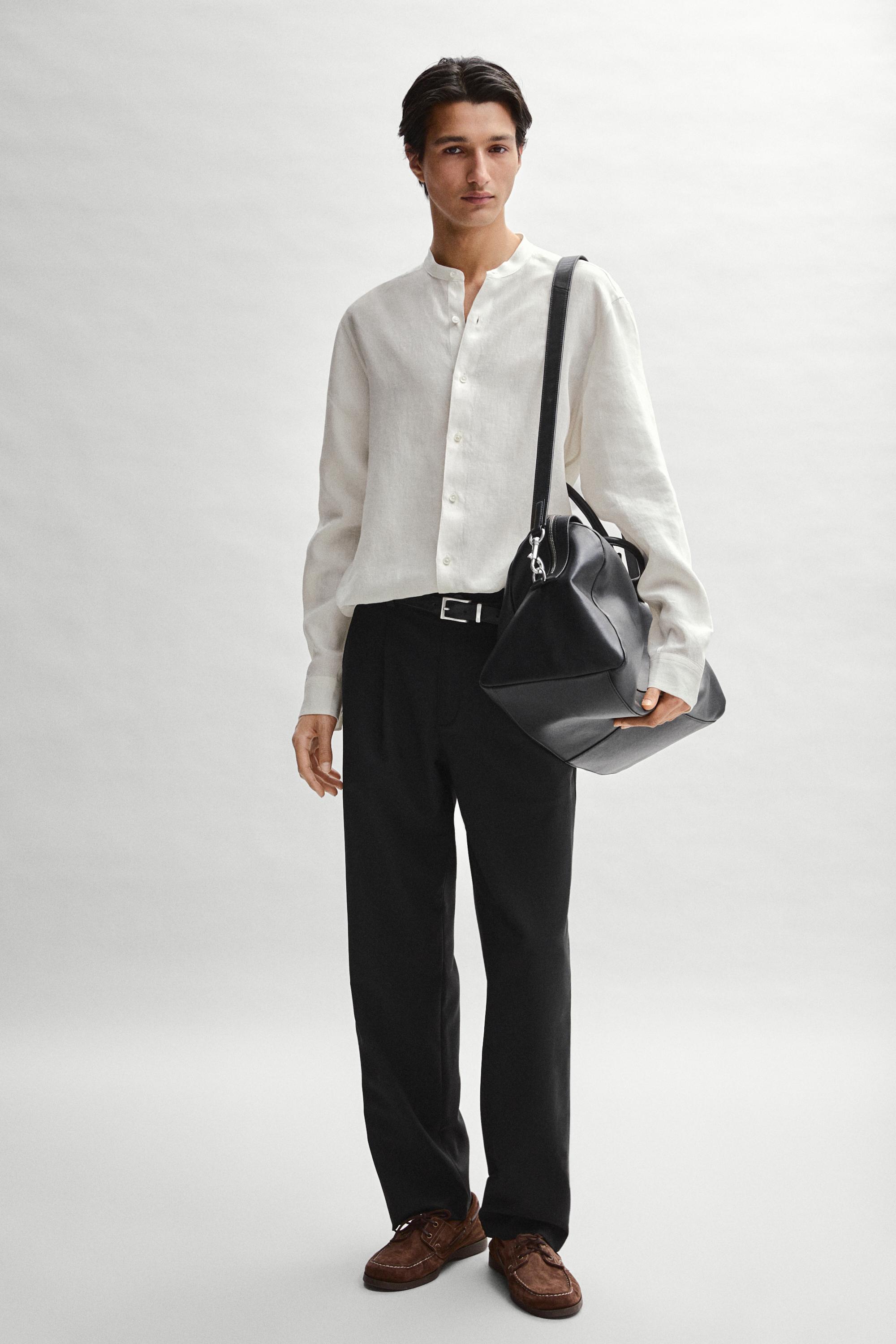 100% linen regular fit shirt with stand collar — CREAM