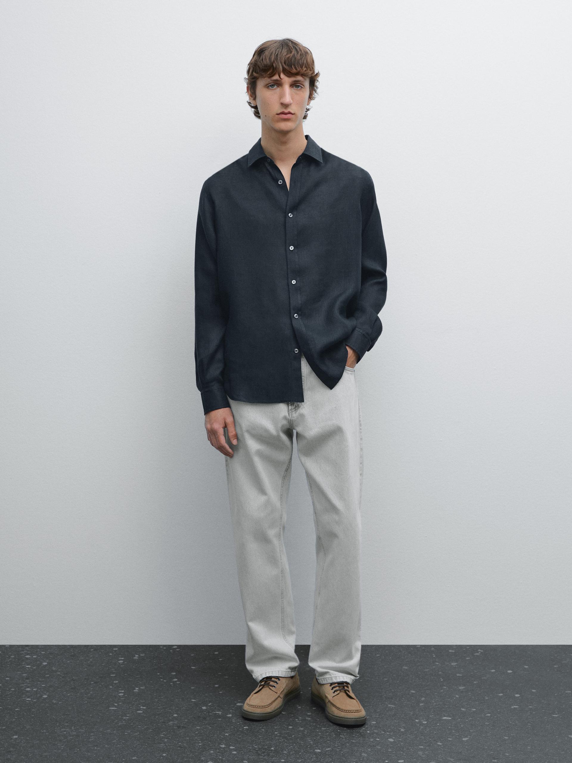 Koszula Regular Fit Ze 100% Lnu - Granatowy - L - Massimo Dutti - Mężczyzna