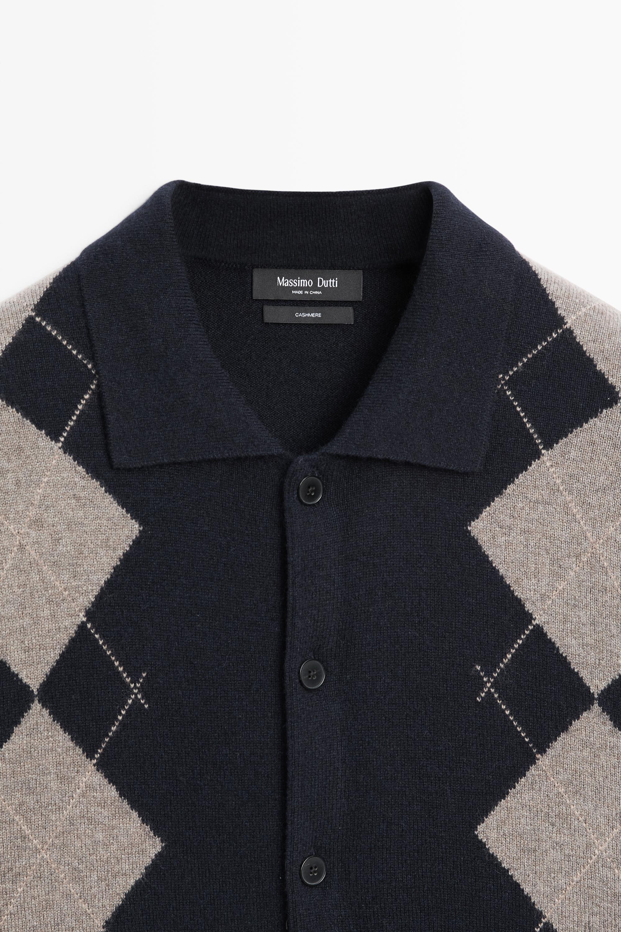 100% cashmere argyle knit cardigan — NAVY BLUE