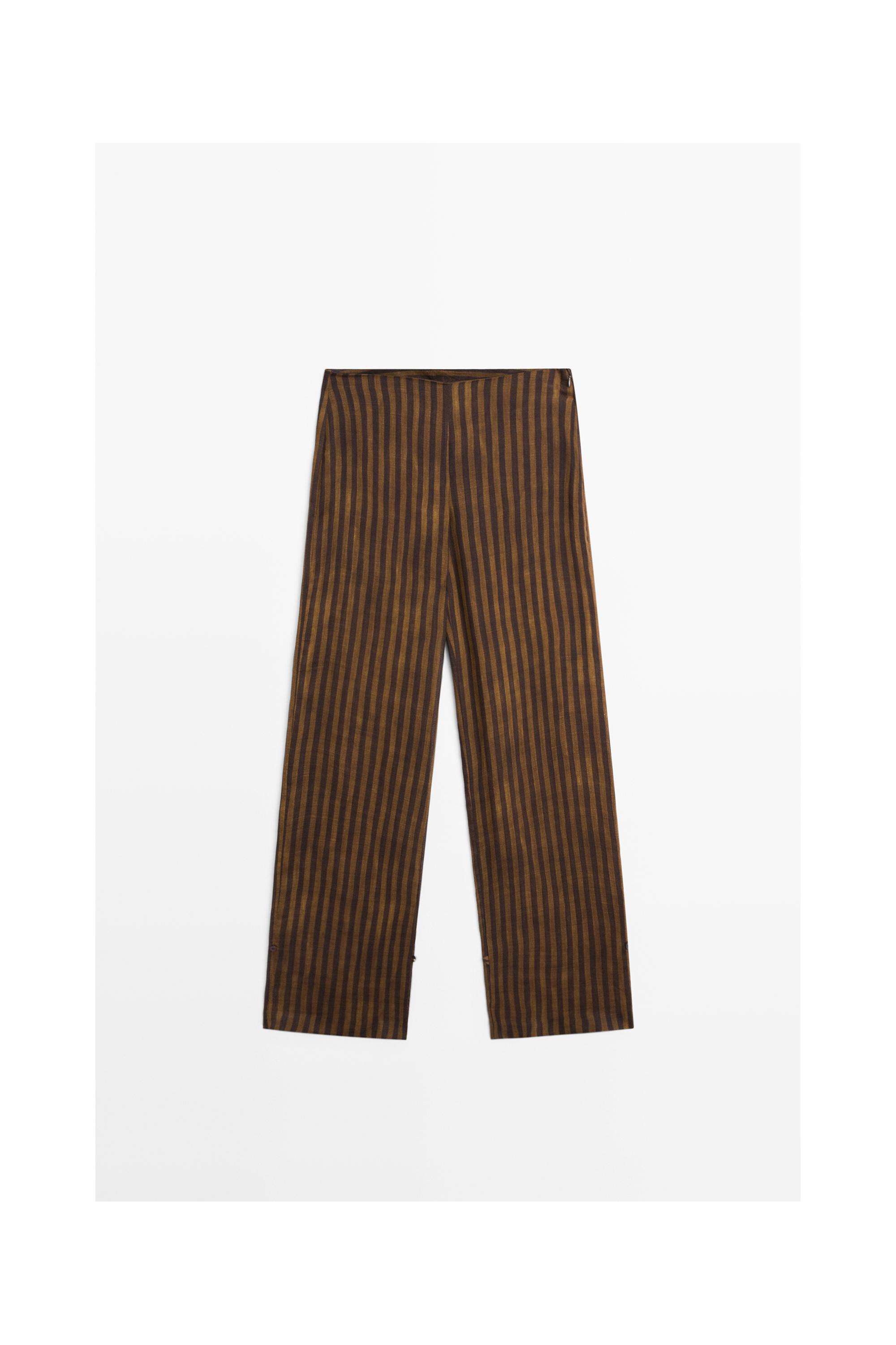 Total look flowing striped pants with button hem — DARK KHAKI