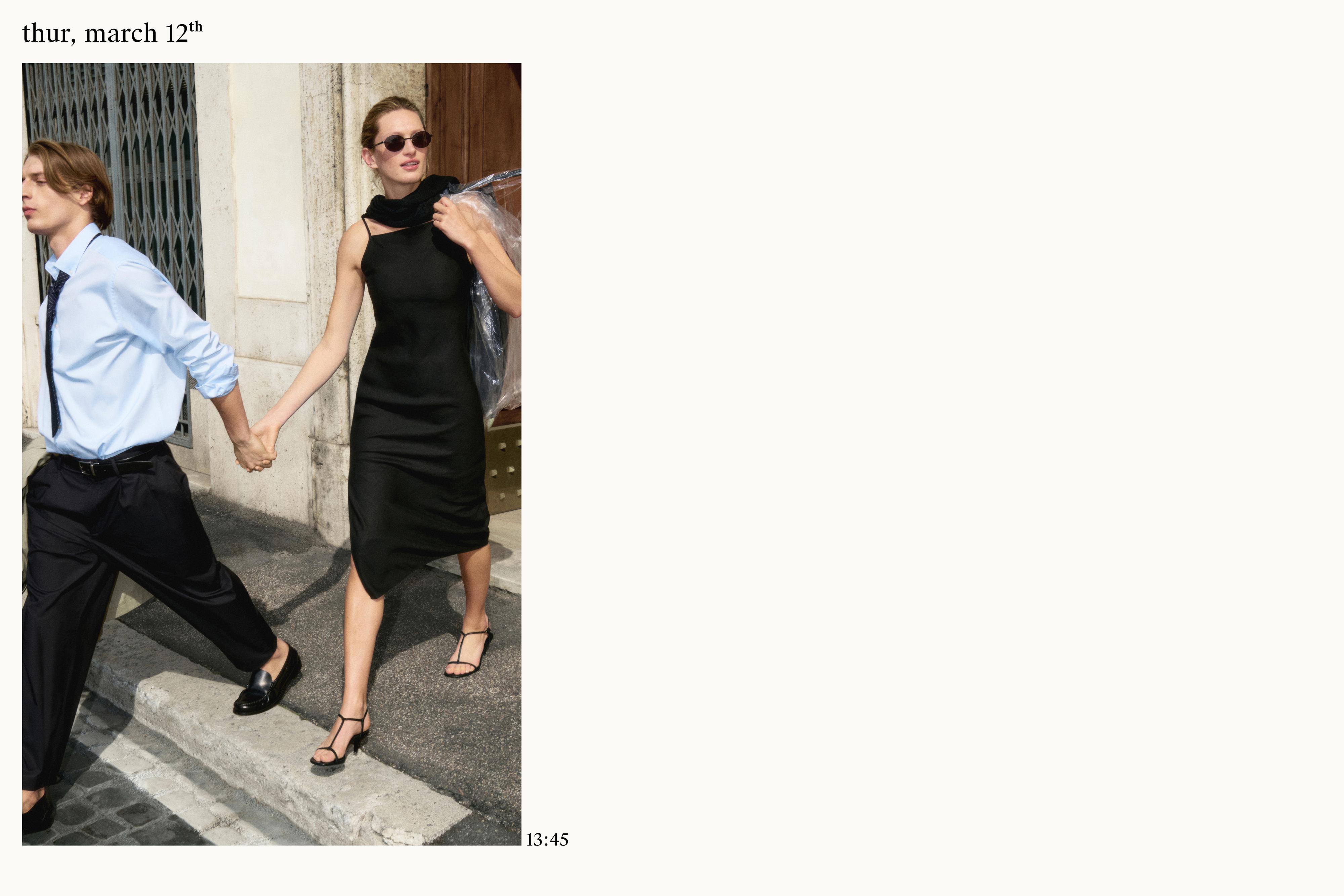 Kolsuz siyah elbise ve topuklu sandaletler. Açık mavi gömlek, siyah pantolon ve ayakkabılar. Metin: "thursday, march 12th".
