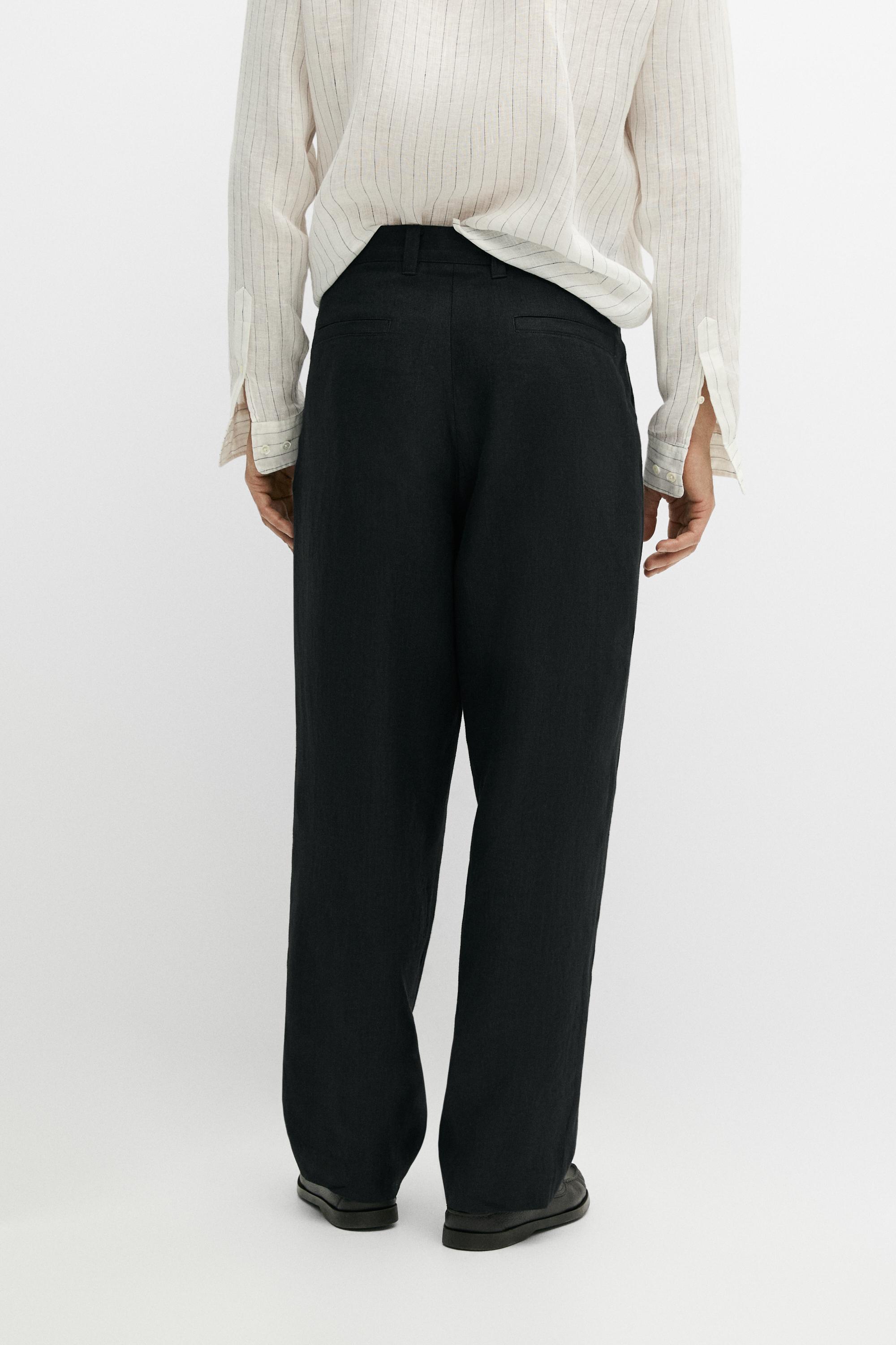100% linen trousers with double darts — BLACK