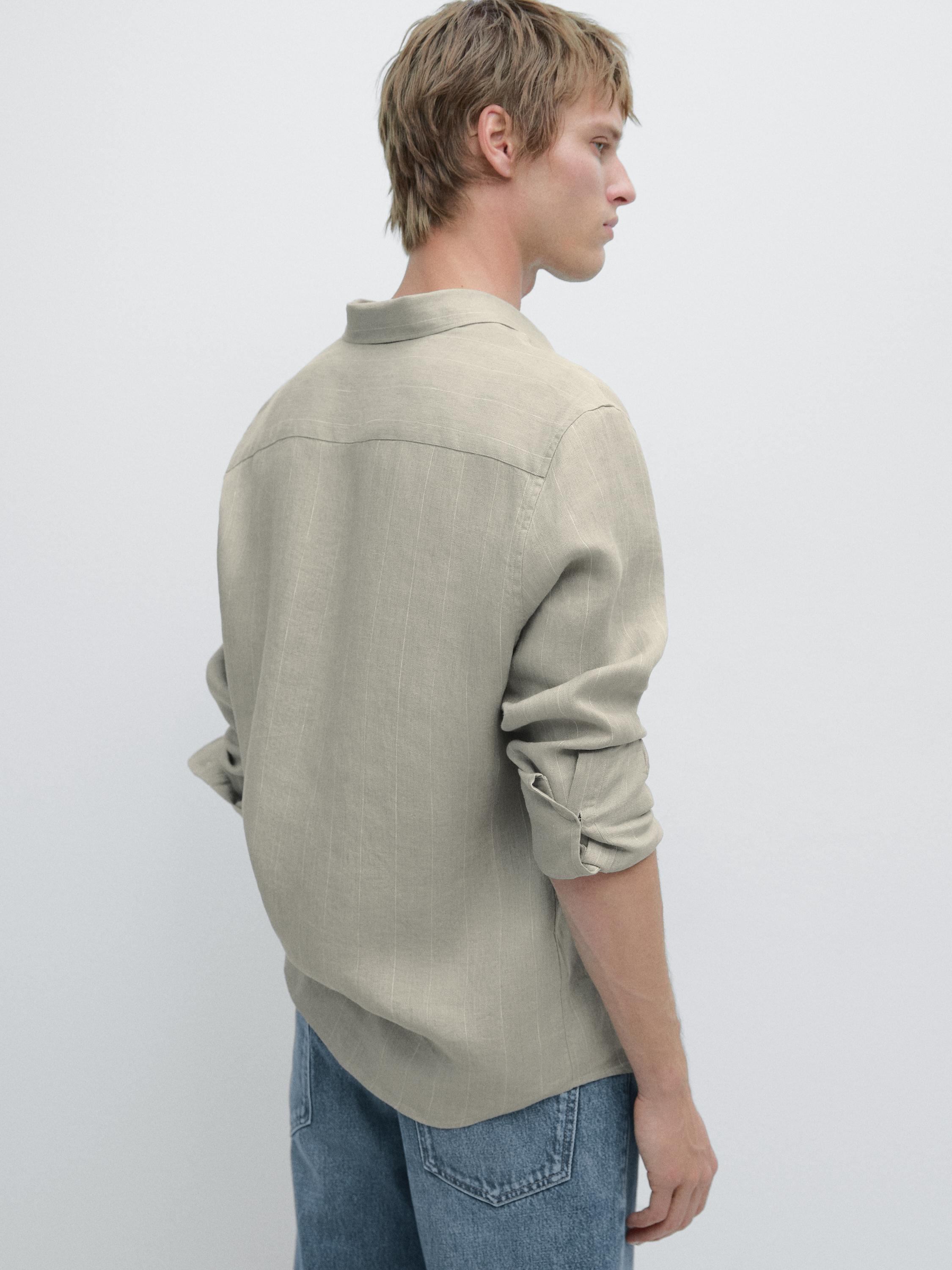100% linen regular fit striped shirt — PALE GREEN