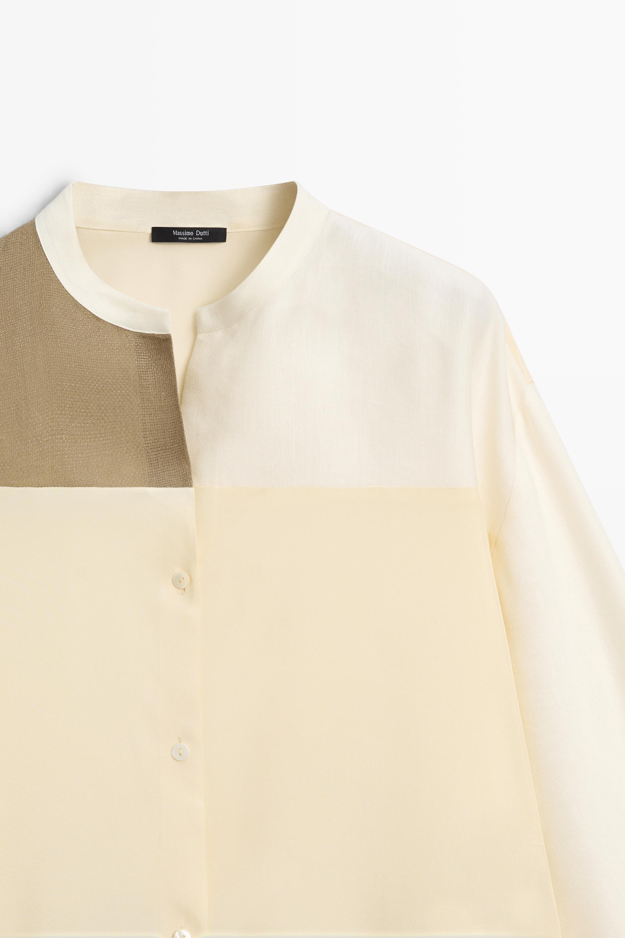 Flowing patchwork shirt with stand-up collar — CREAM