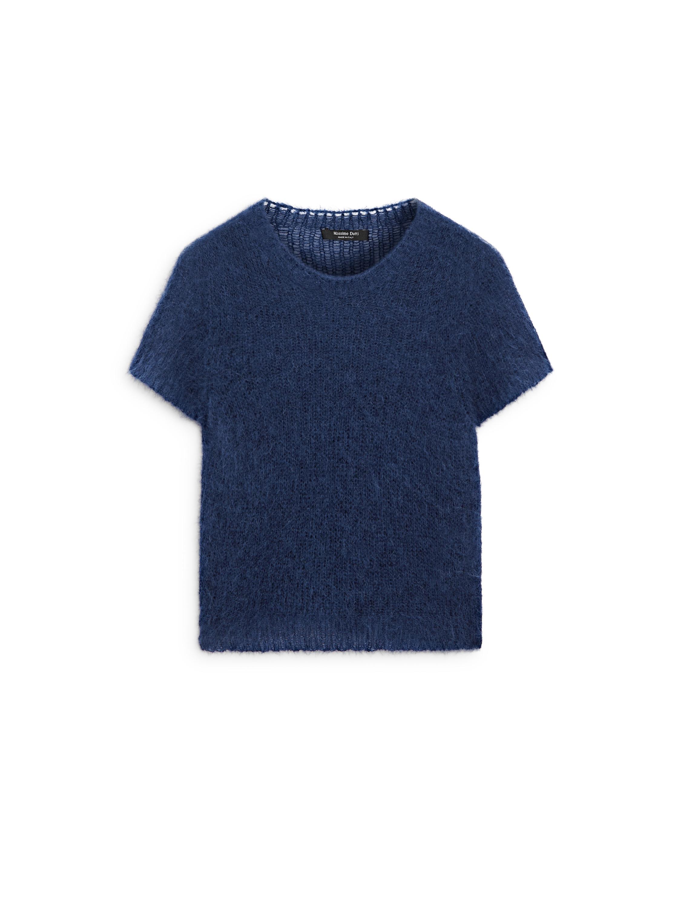 Short sleeve knit alpaca blend sweater — Dark Blue