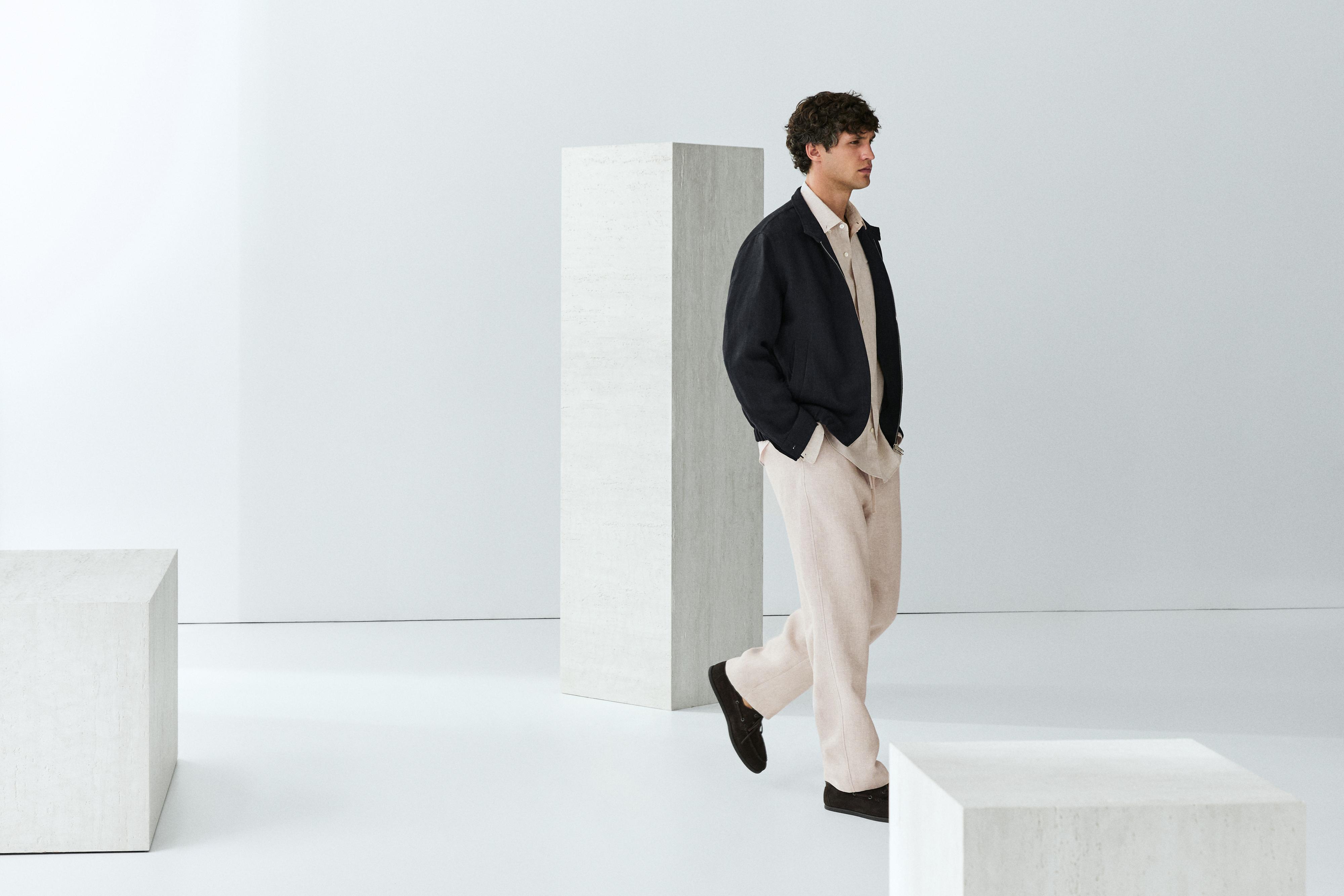 100% linen banded collar jacket — NAVY BLUE
