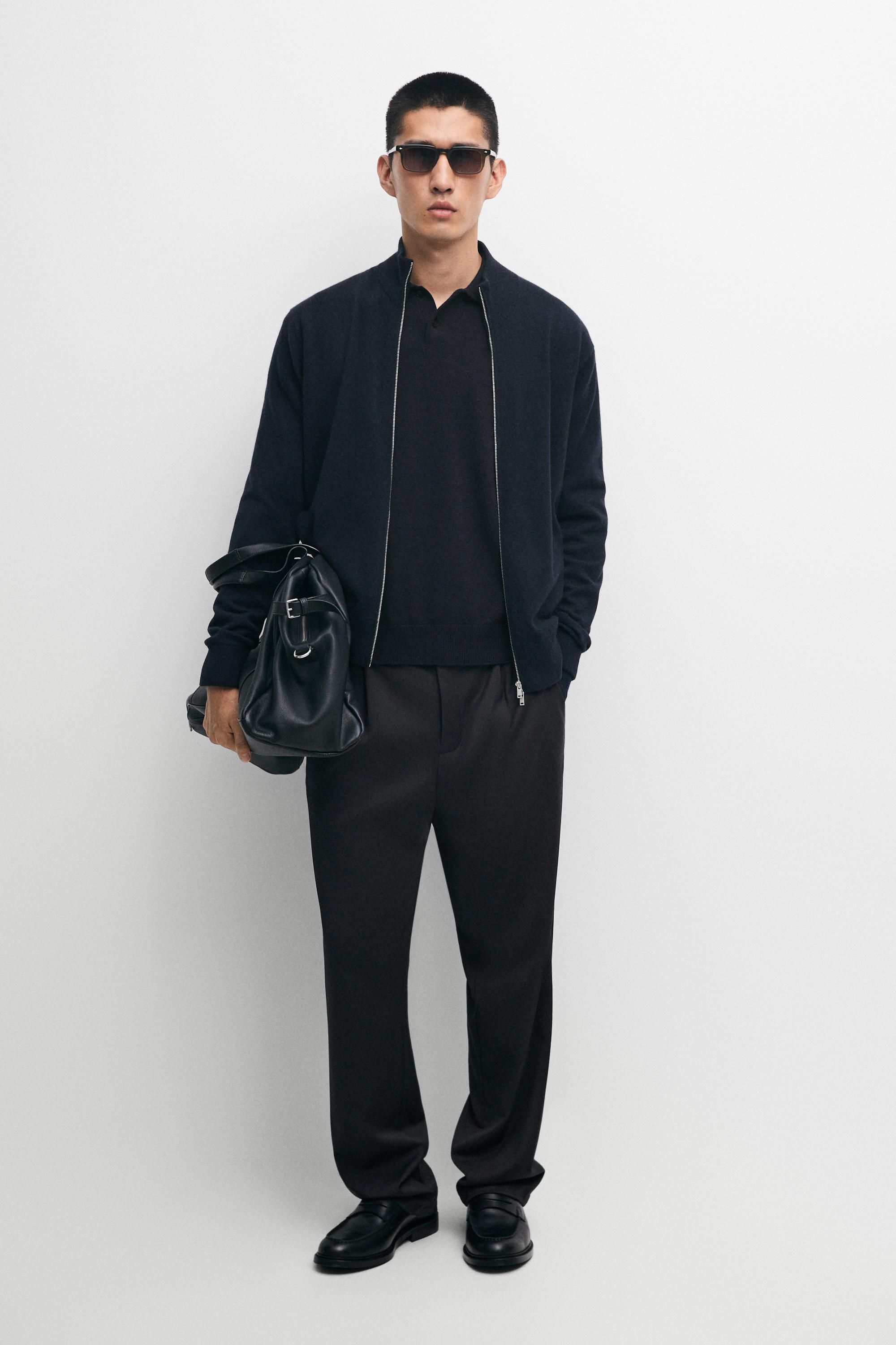 100% cashmere zip-up knit cardigan — NAVY BLUE