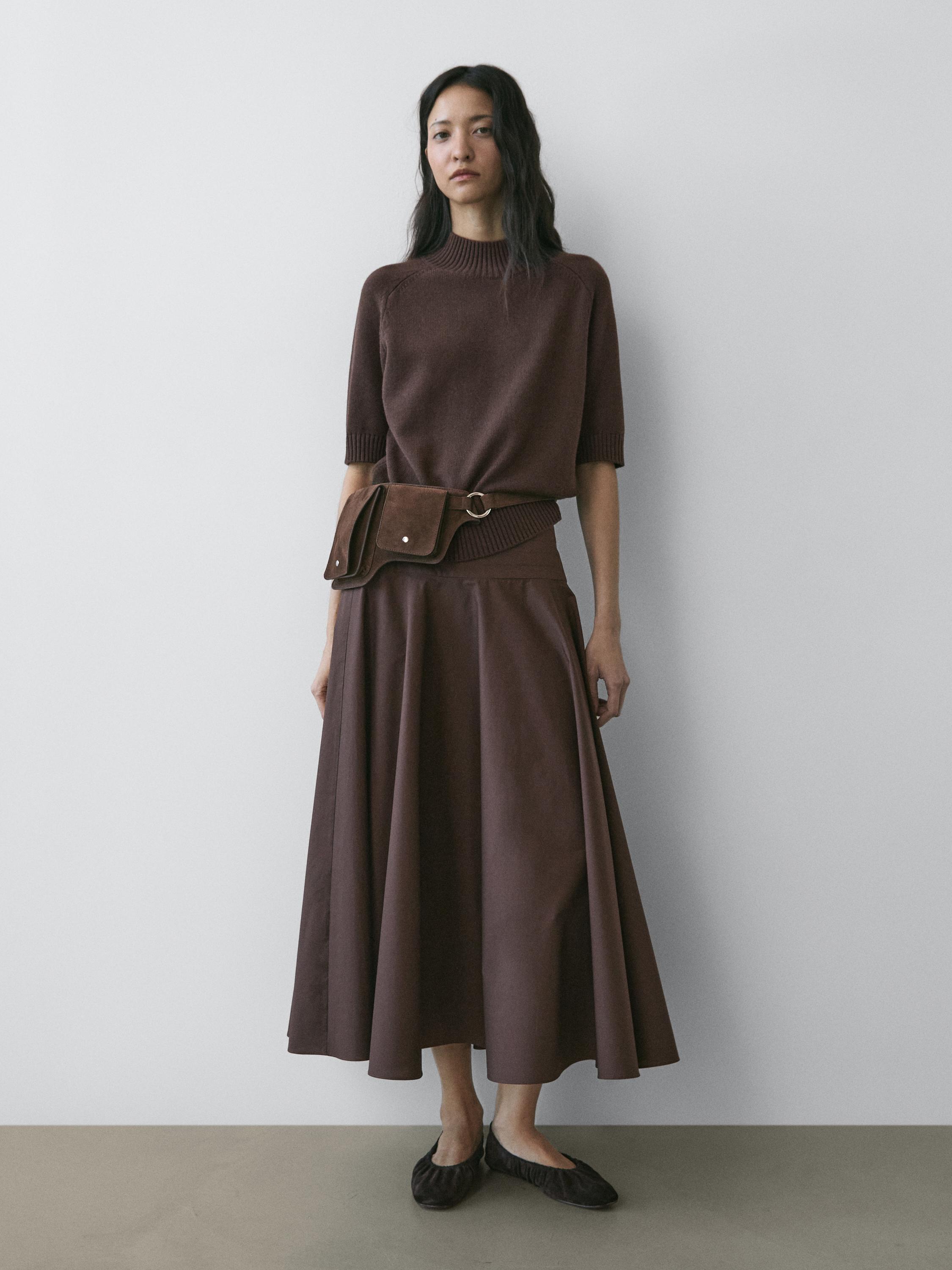 Midi skirt with sash belt and seam details — BROWN