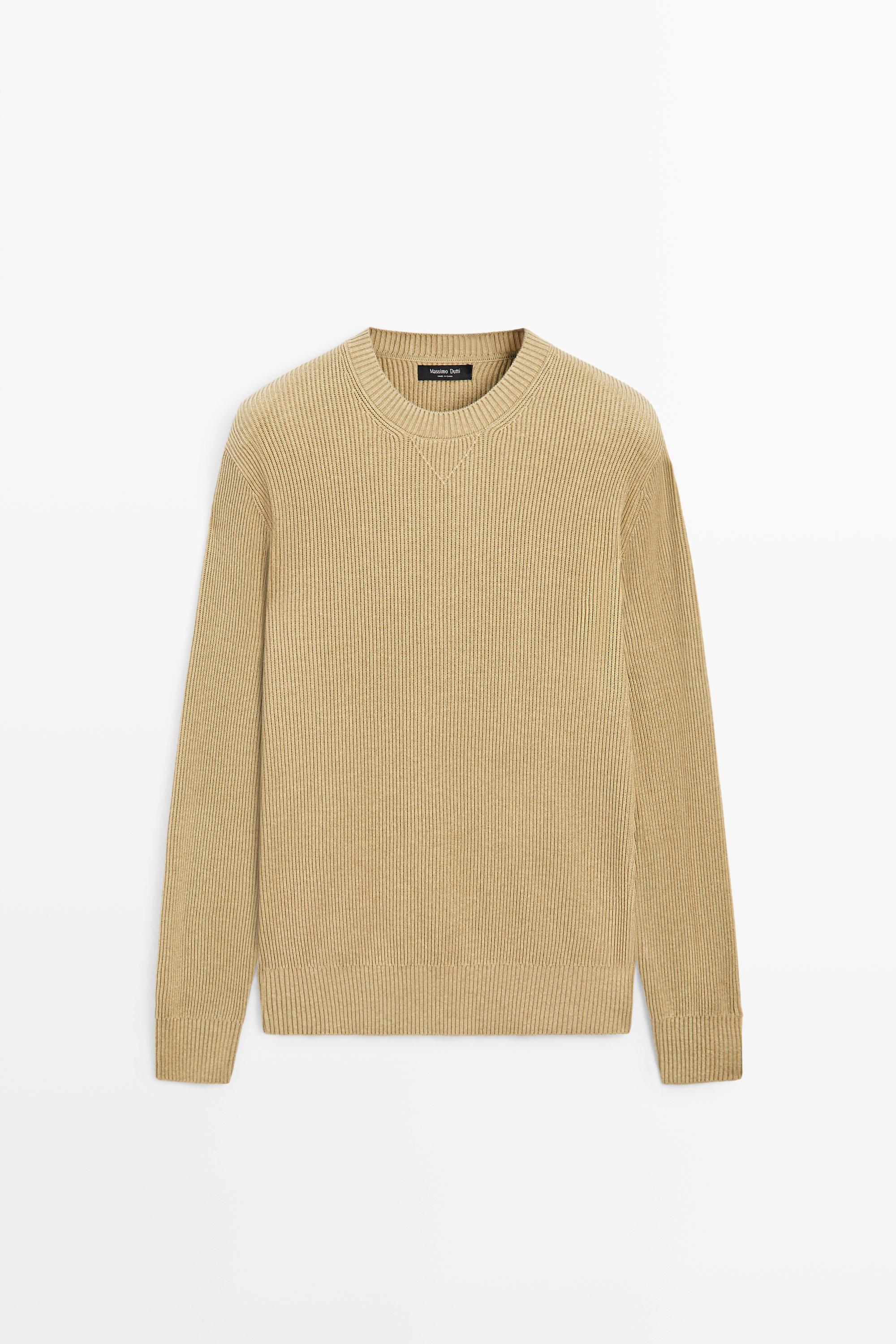Cotton blend ribbed knit sweater — CREAM