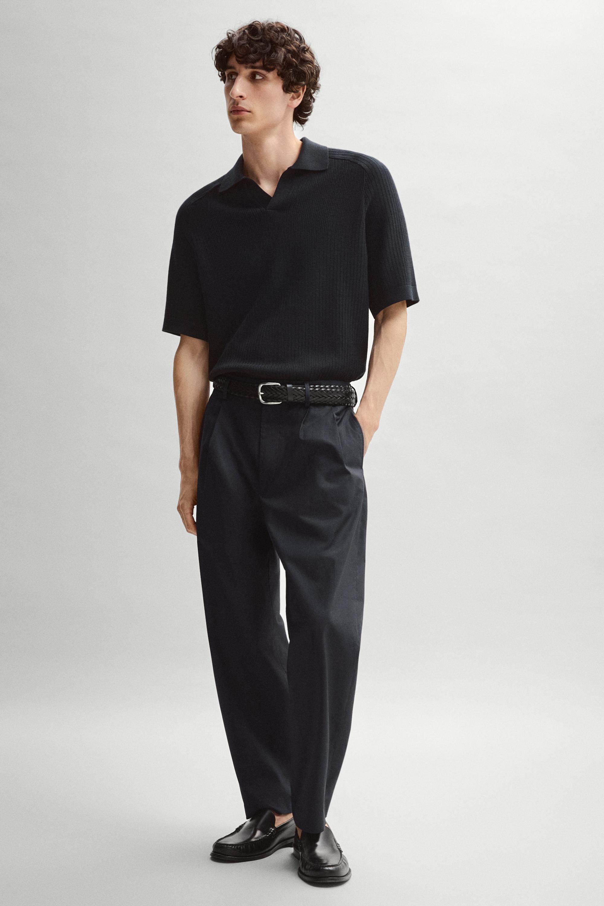 Ribbed knit cotton polo sweater — NAVY BLUE