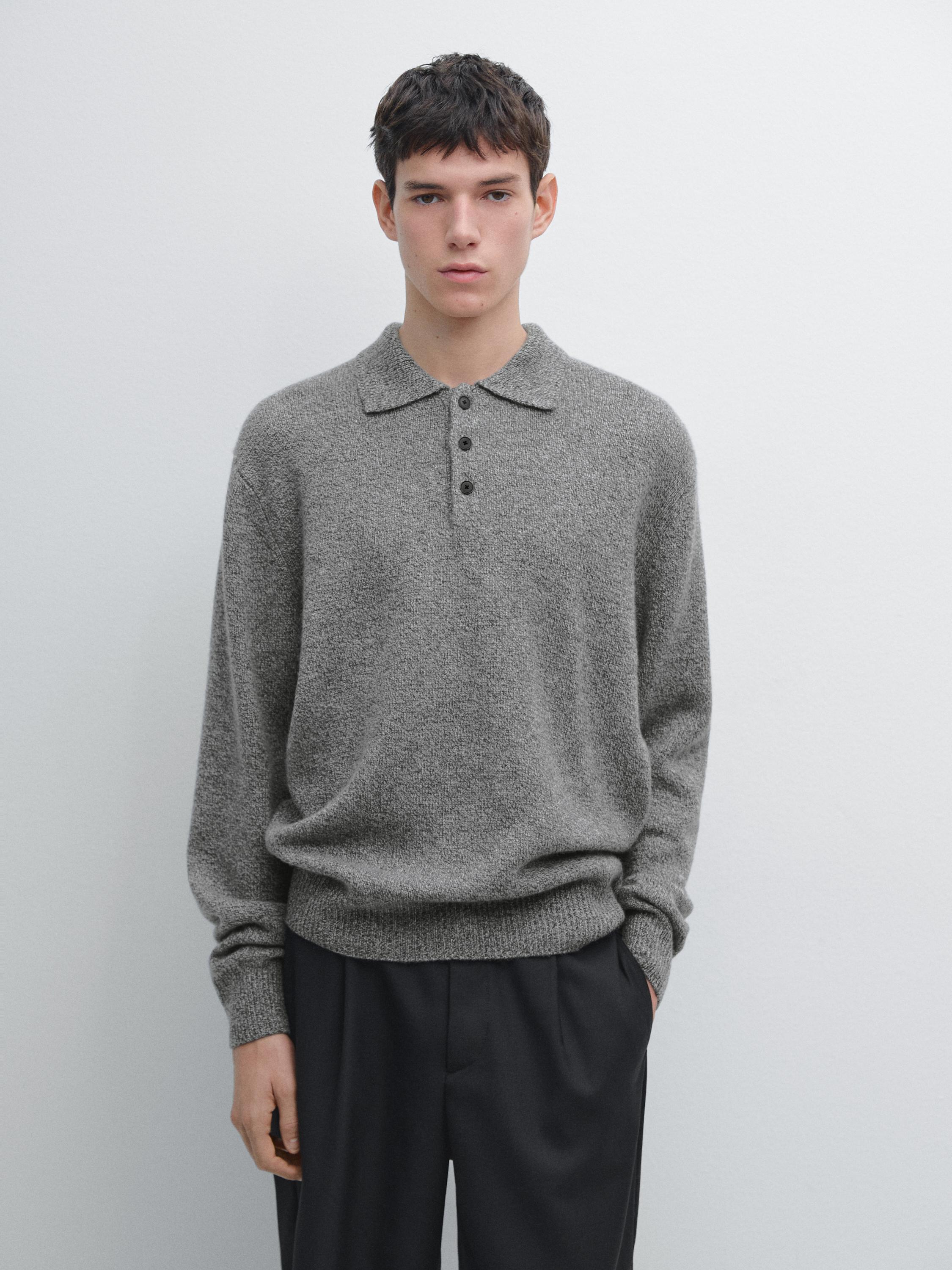 Flecked knit wool blend polo sweater