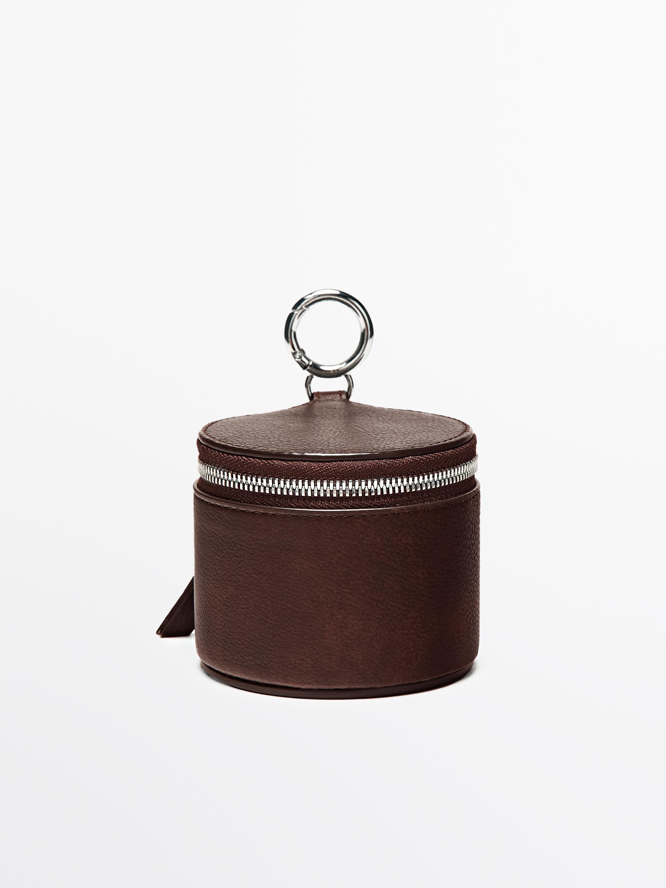 Round nappa leather bag with rhinestones — BROWN