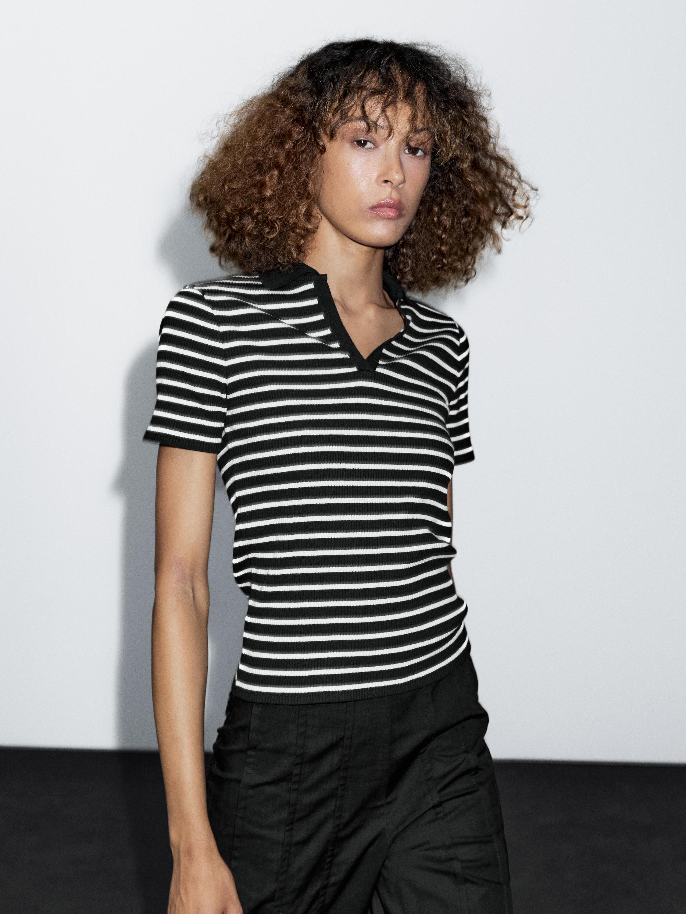 Striped cotton blend polo T-shirt · Black, Cream · Circular