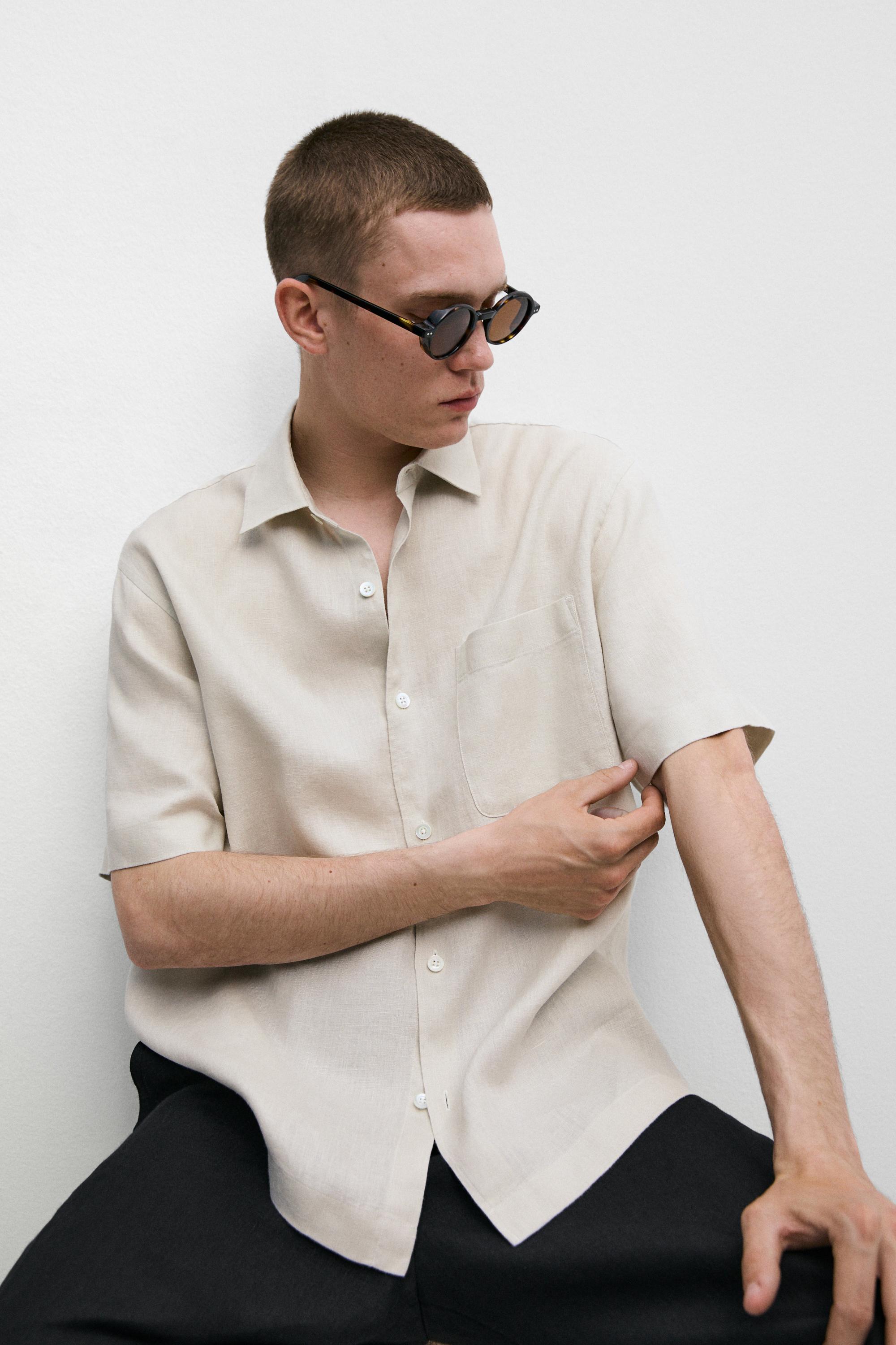 100% linen regular fit short sleeve shirt — BEIGE