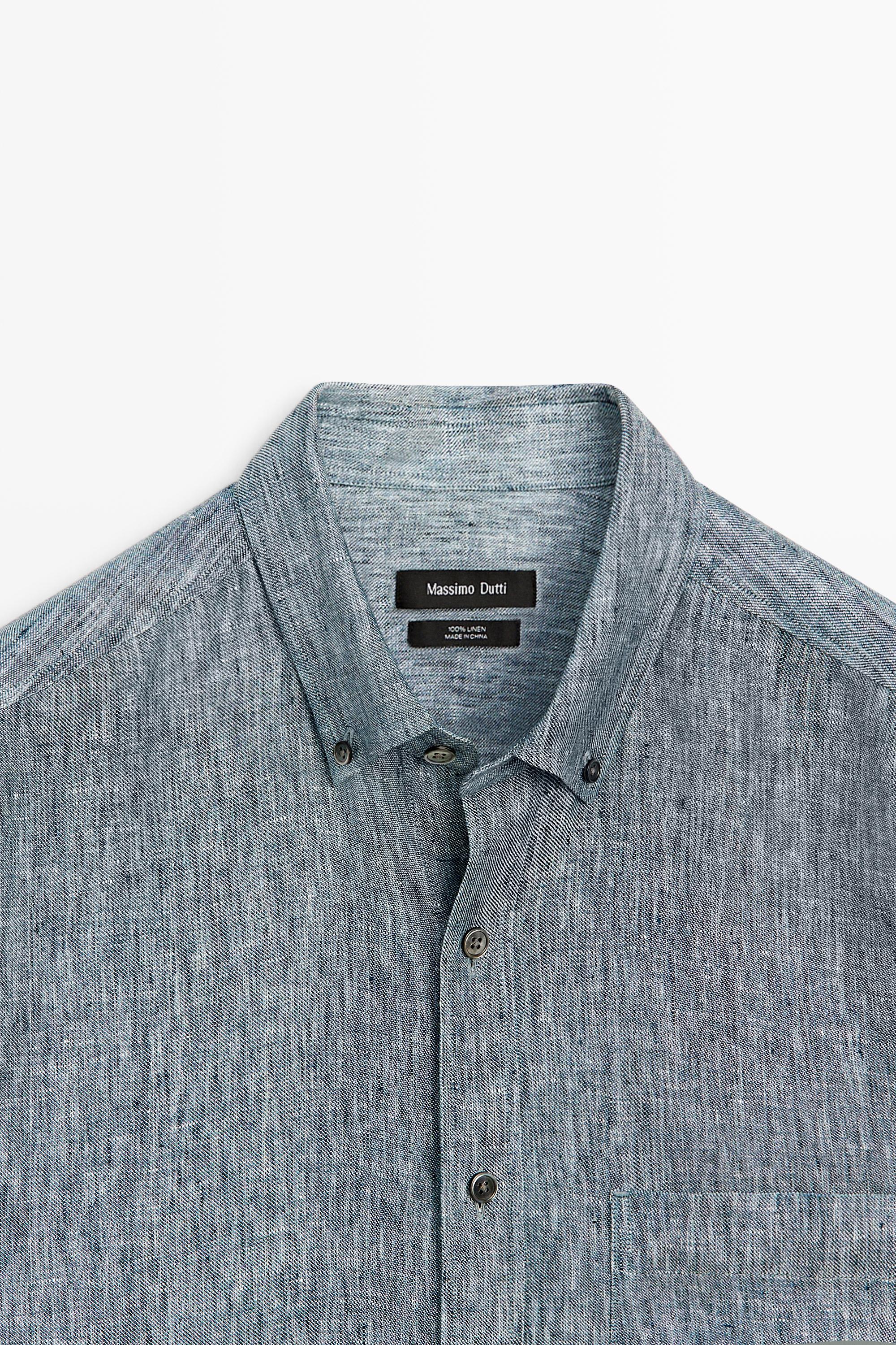Regular fit melange twill 100% linen shirt — NAVY BLUE