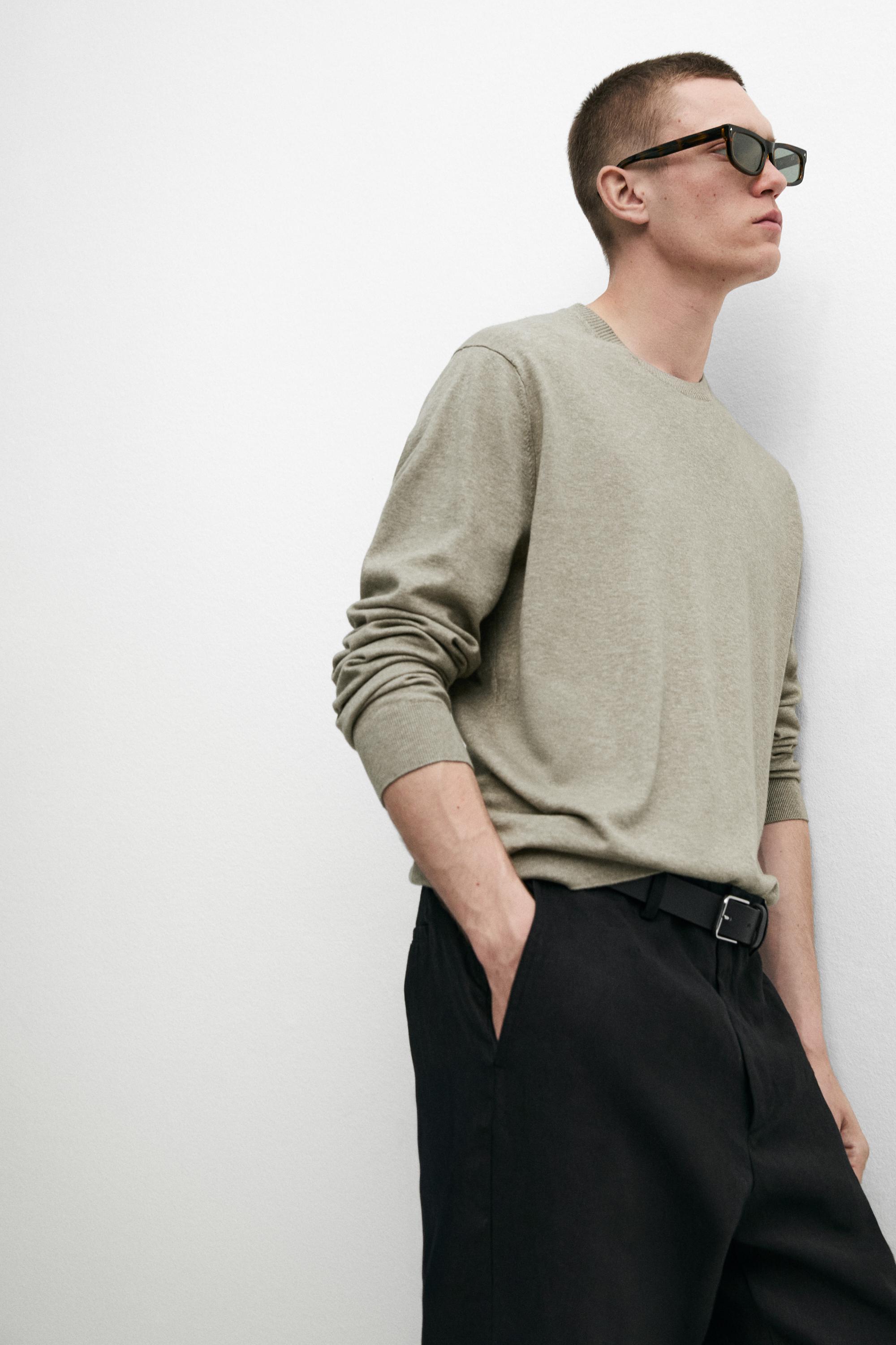 Knit 100% cotton crew neck sweater — Greyish green