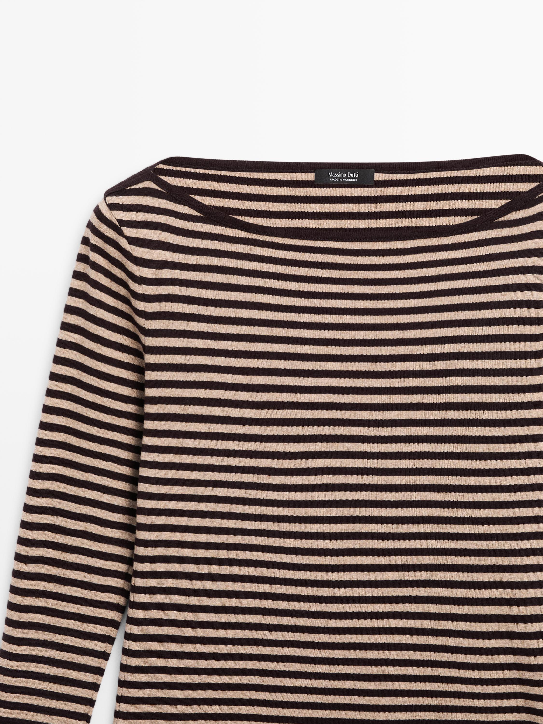 Striped long sleeve cotton T-shirt — BROWN
