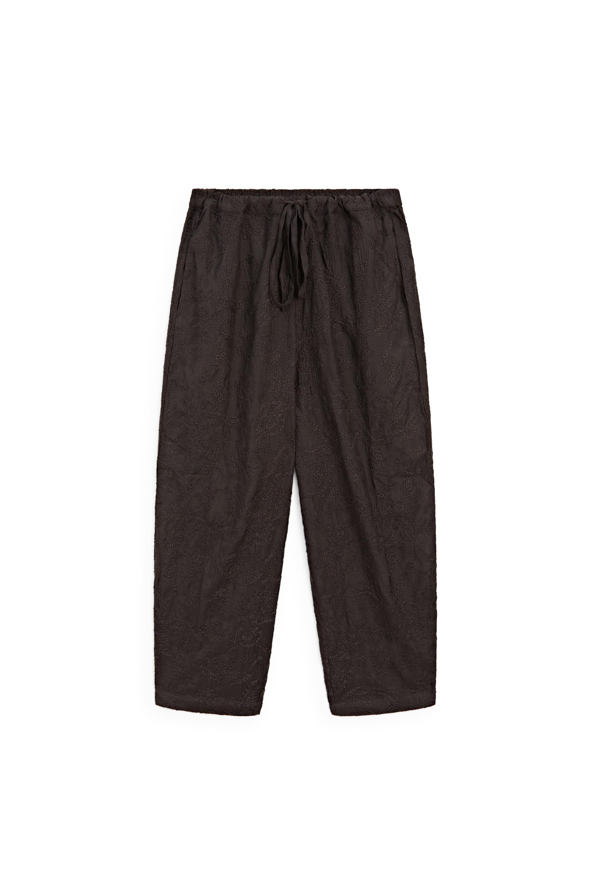 Embroidered flowing barrel fit trousers — Chocolate