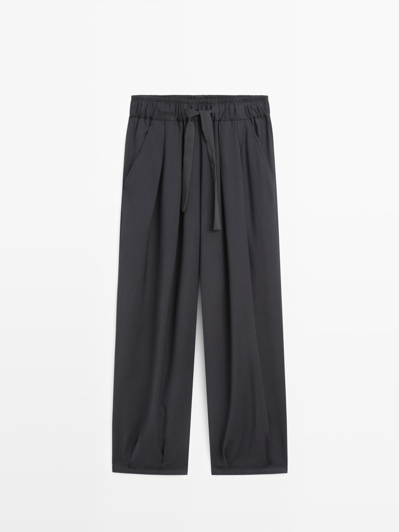 Pantalón Ancho Pliegues Volumen - Azul Marino - 42 - Massimo Dutti - Mujer