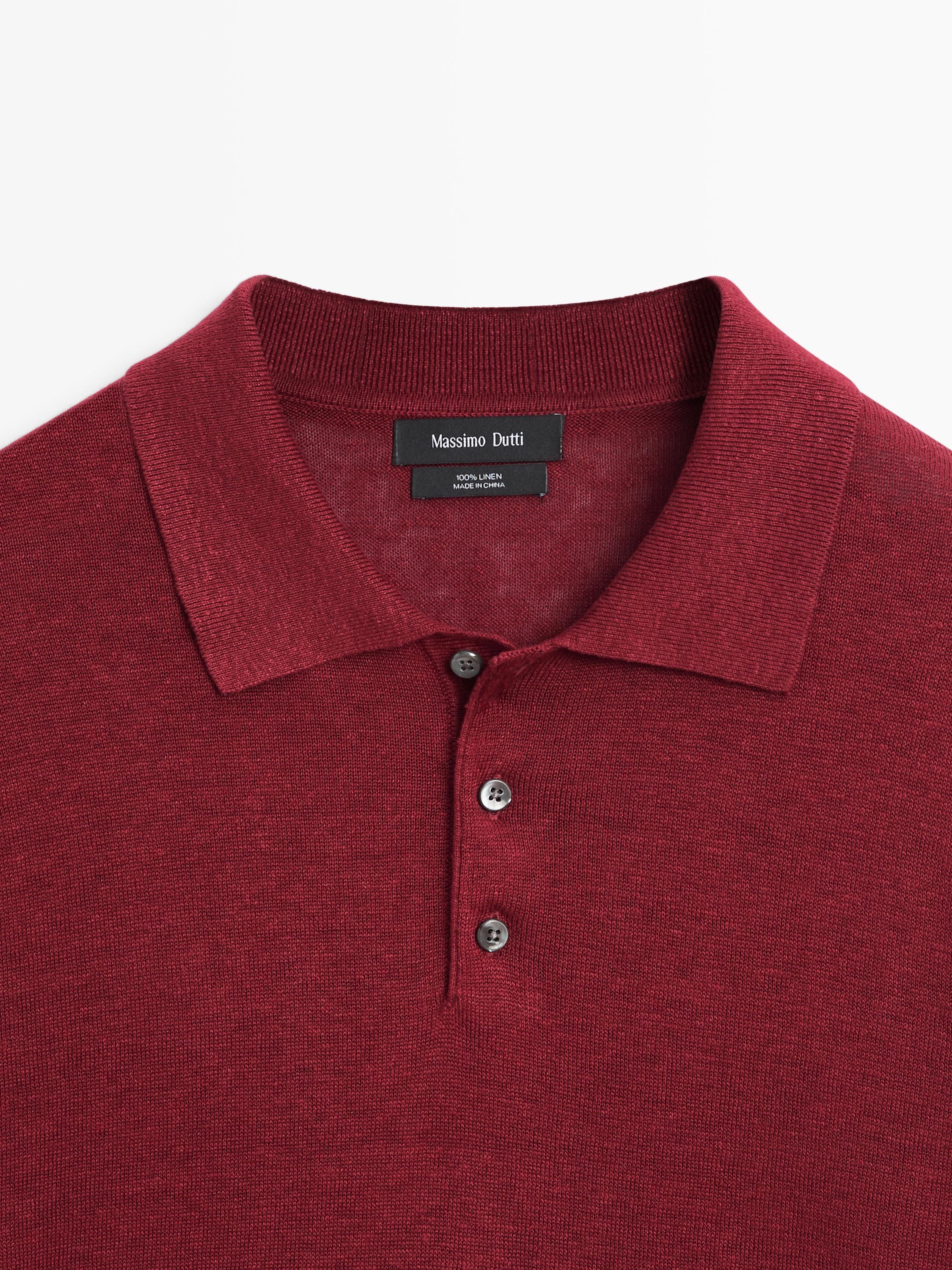 100% linen knit polo collar sweater — Wine Red