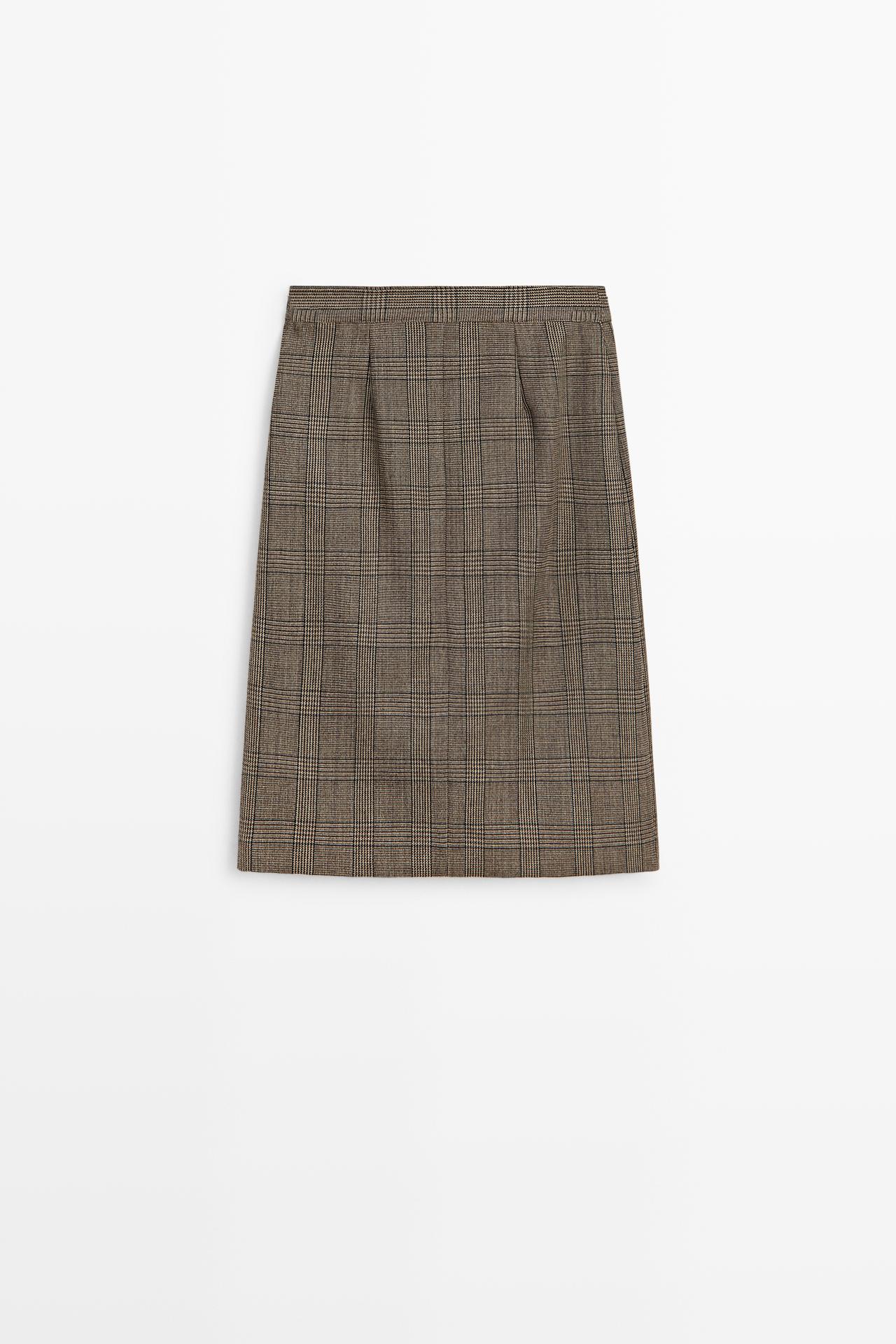 100% wool check midi skirt with pleat detail — GREY