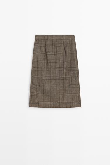 100% wool check midi skirt with pleat detail — GREY 6