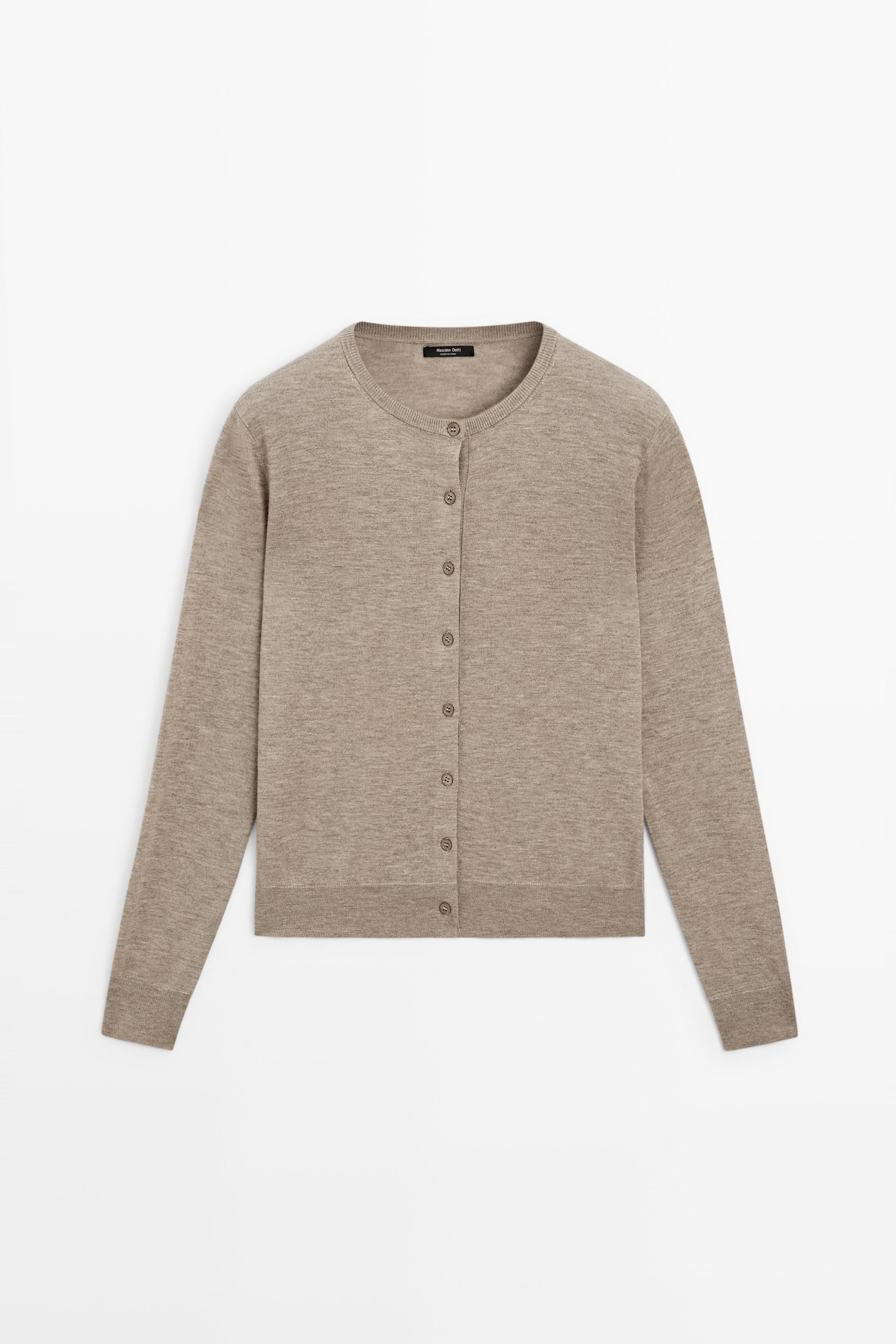 Fine-knit round neck cardigan — BEIGE MARL