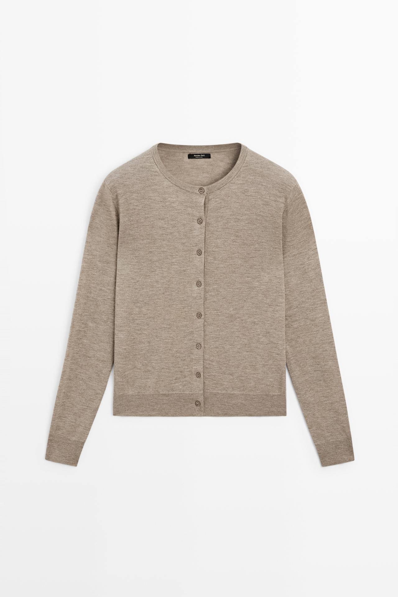 Fine-knit round neck cardigan — BEIGE MARL