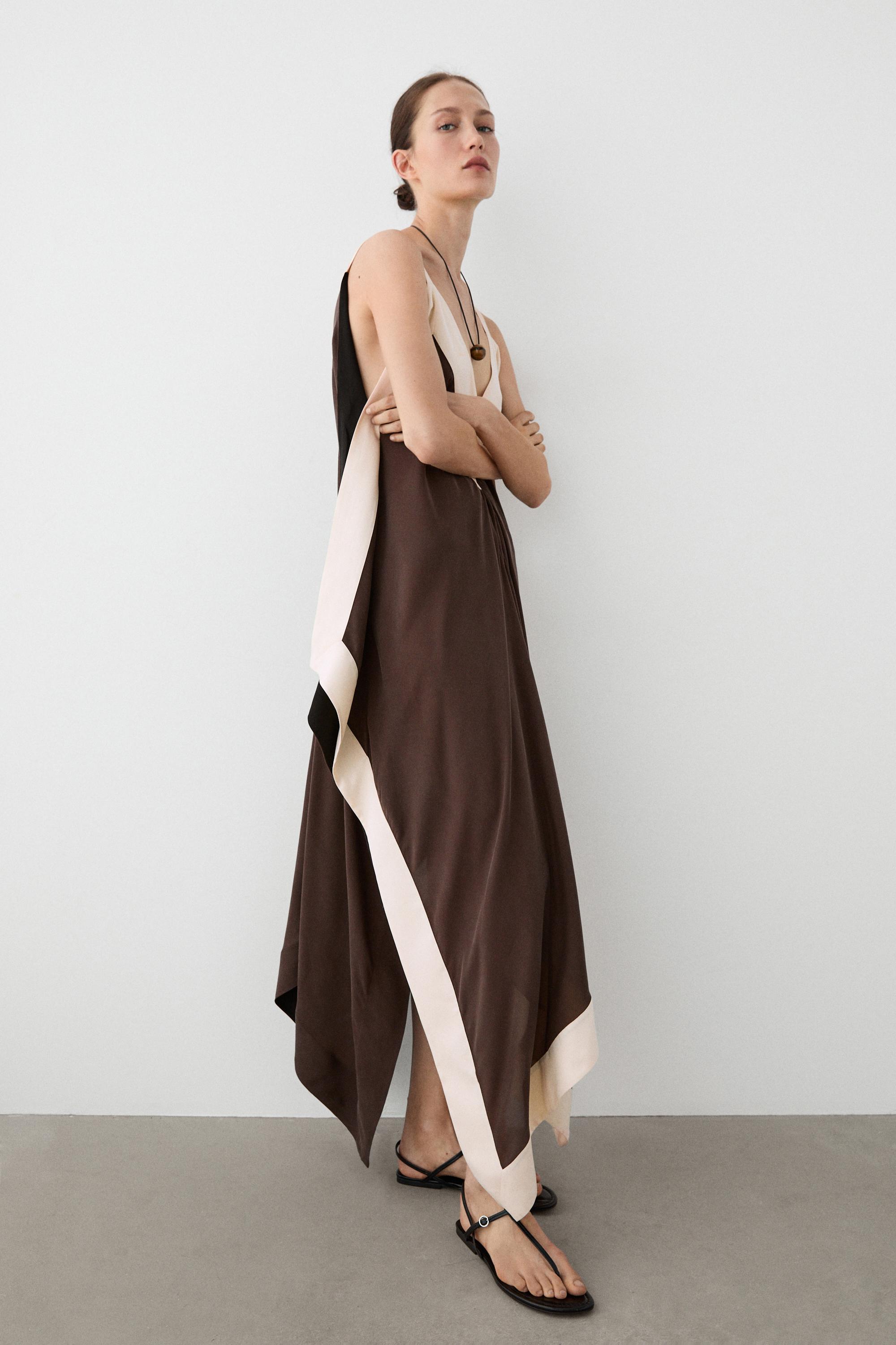 Flowing midi dress with contrast trim detail — BROWN
