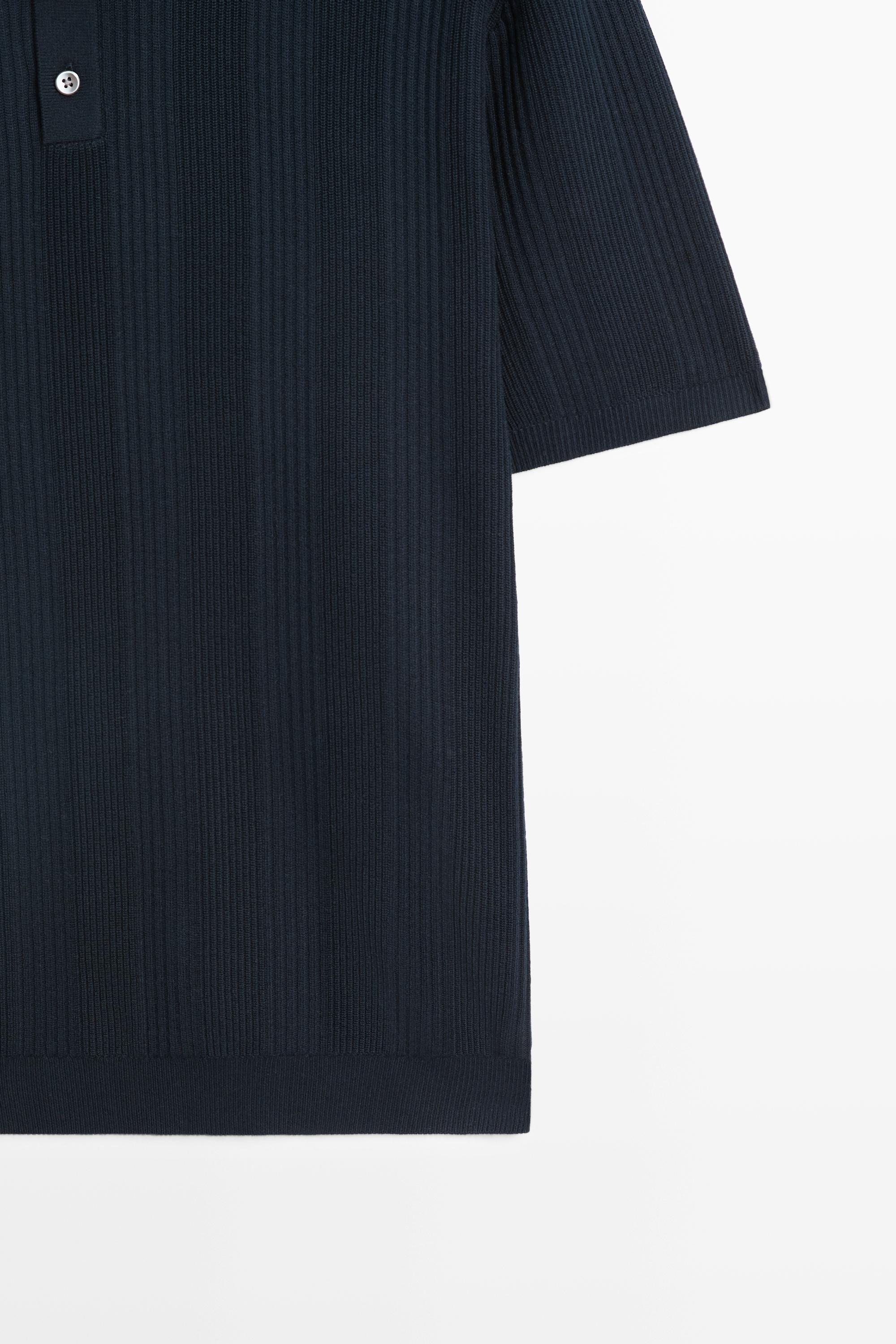 100% cotton textured striped knit polo shirt — NAVY BLUE