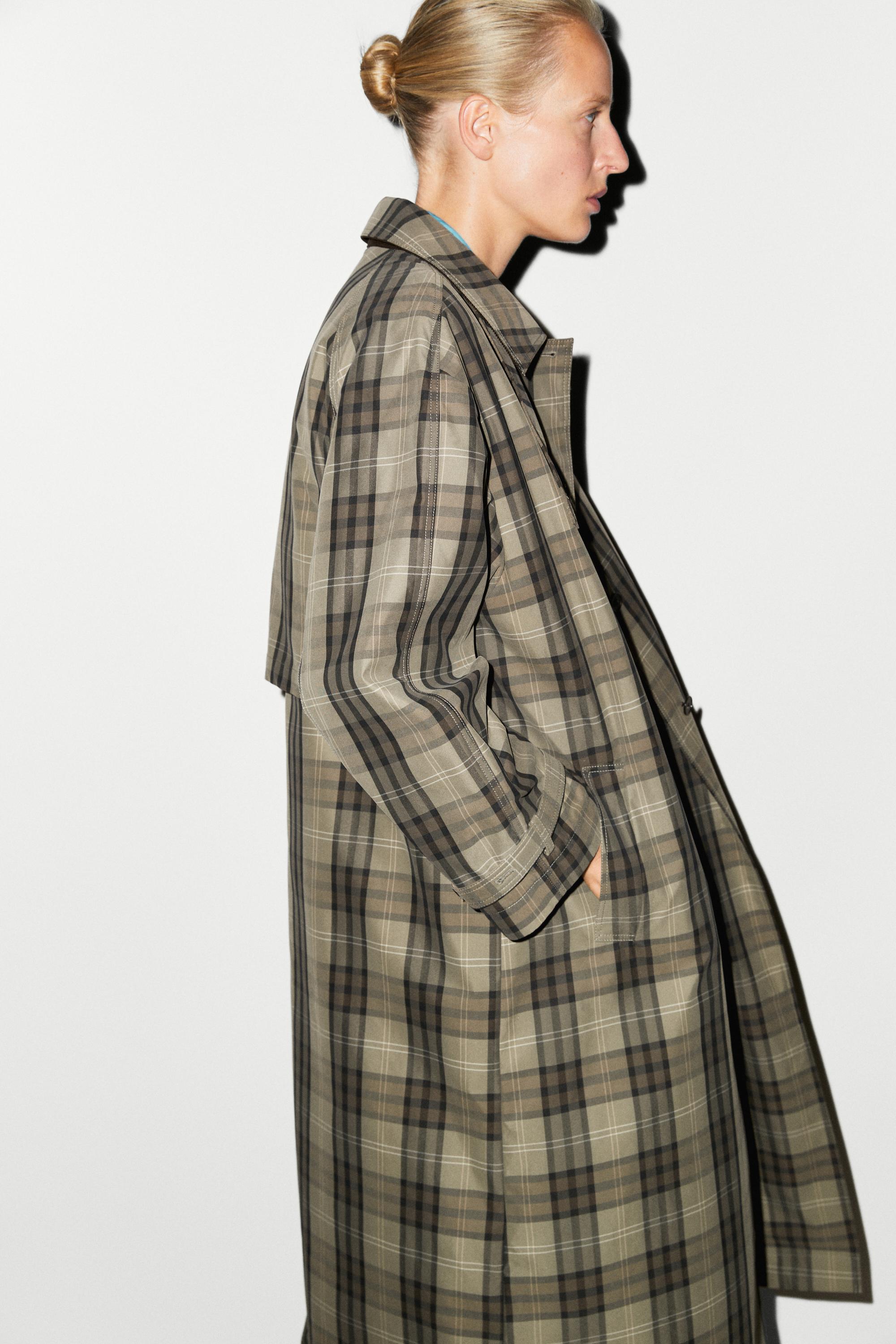 Long cotton blend plaid trench coat — Powder
