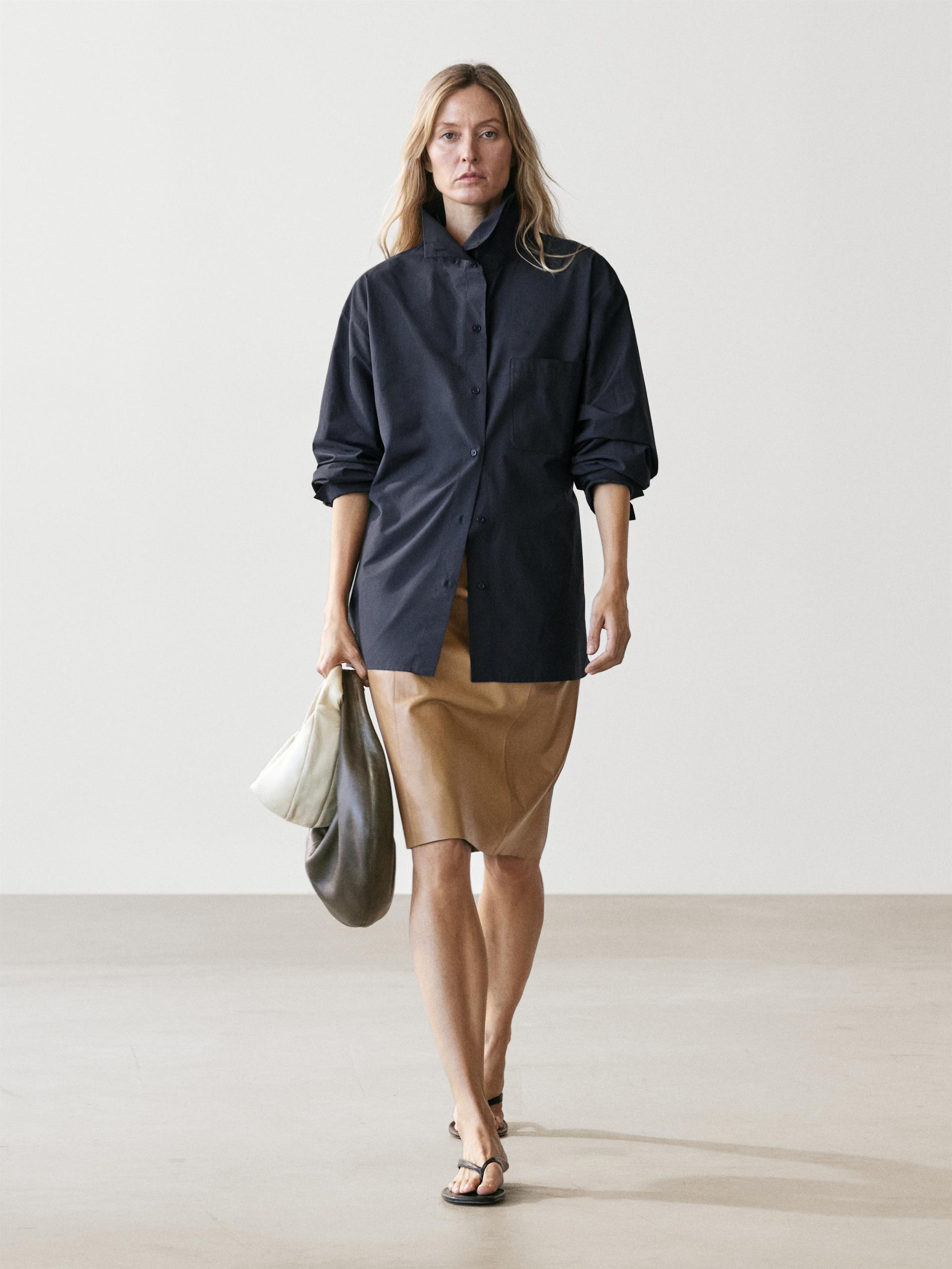 Surchemise À Poche En Coton Mélangé - Bleu Profond - M - Massimo Dutti - Femme