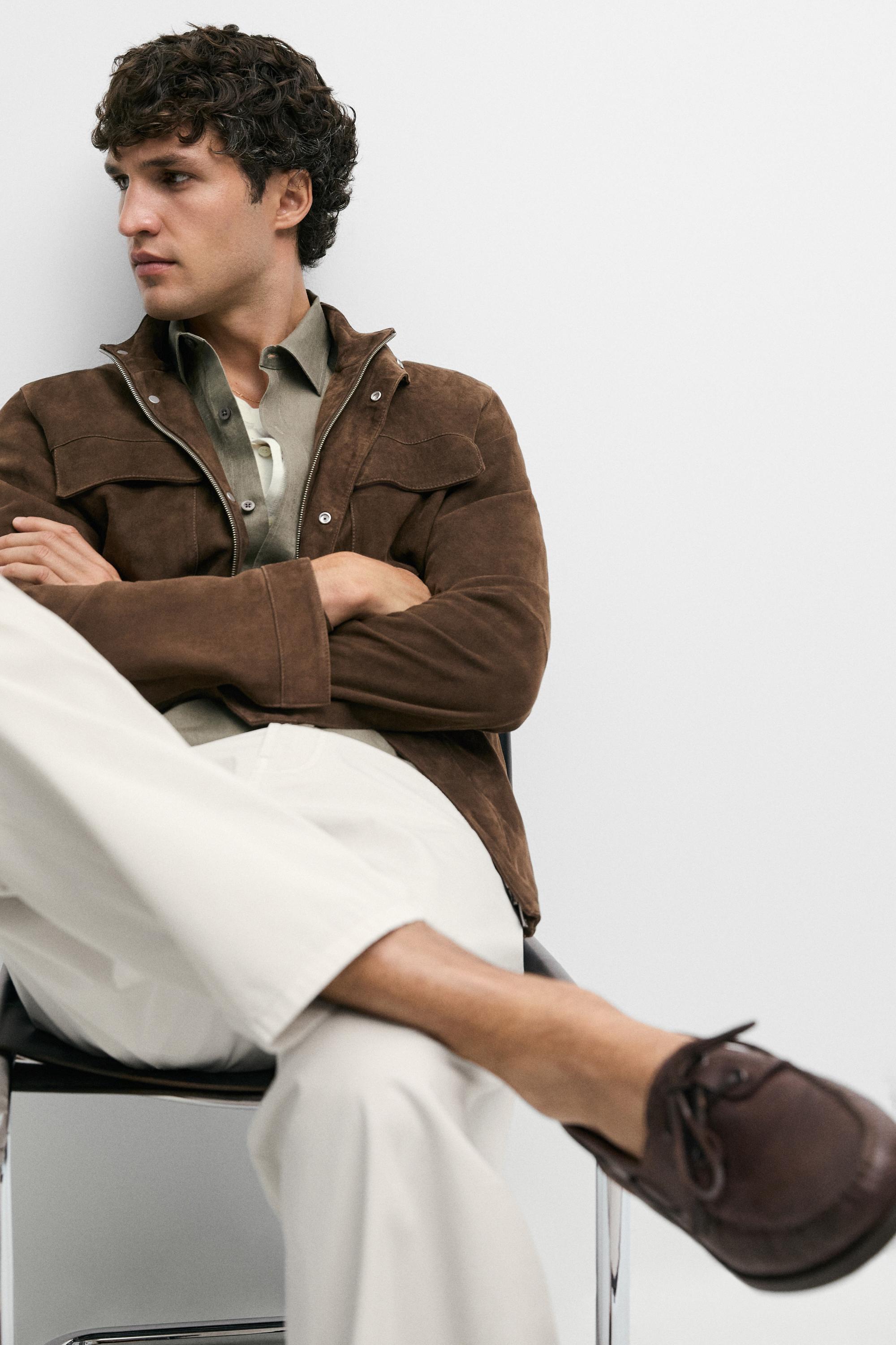 Suede jacket with pocket details — BROWN