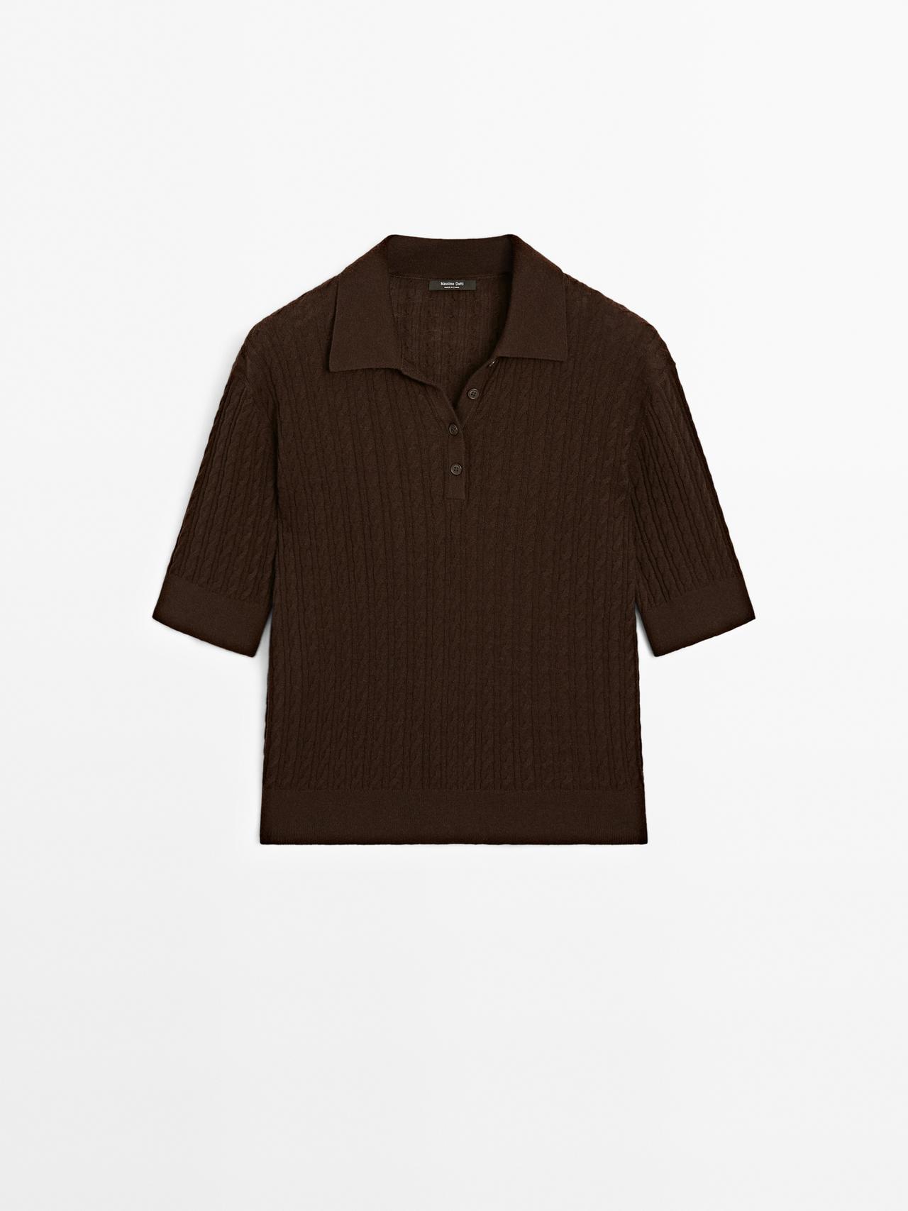 Massimo Dutti - Dame - Poloshirt I Kabelstrik Af Uldblanding - Chokolade - L