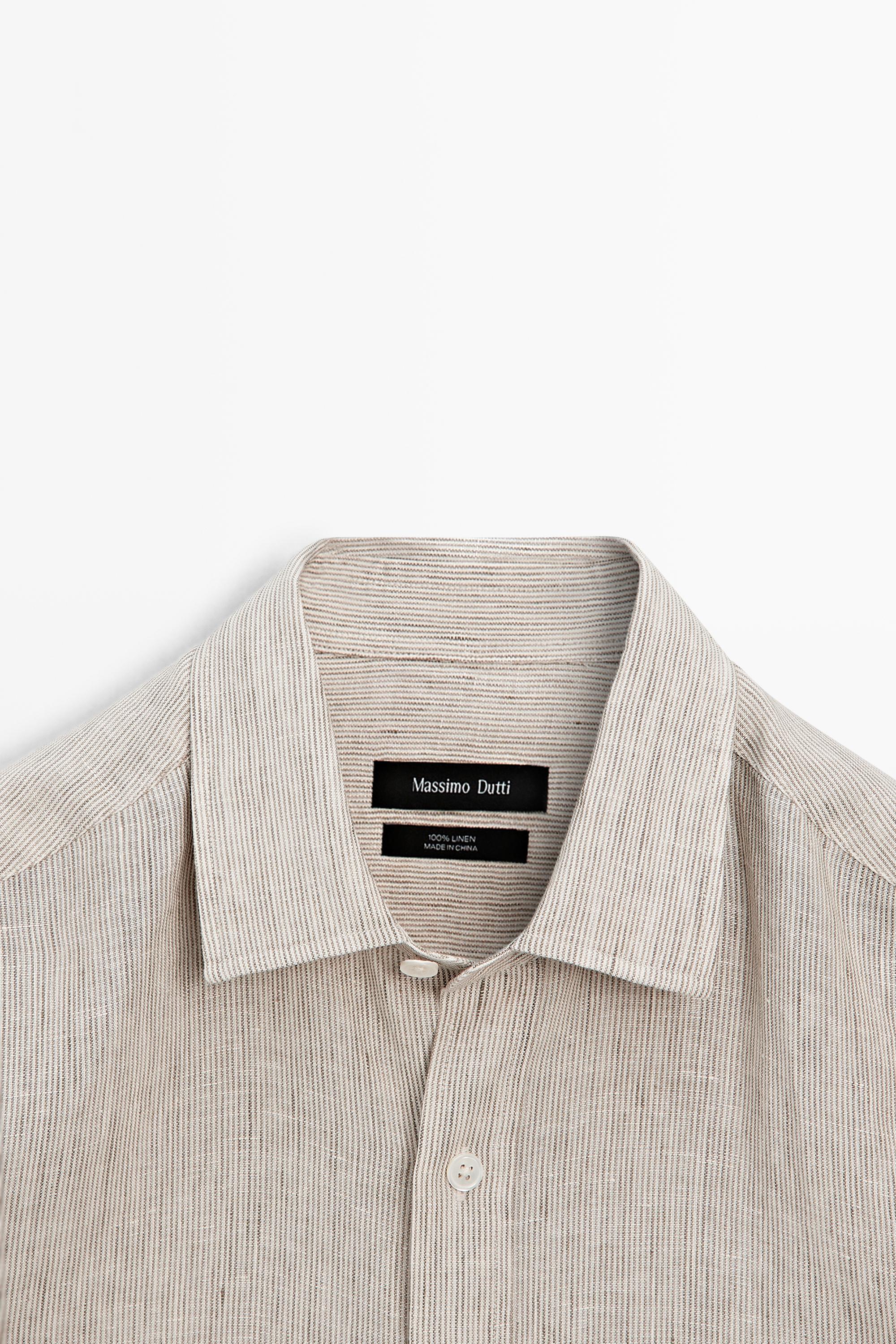 Regular fit washed striped 100% linen shirt — GREEN