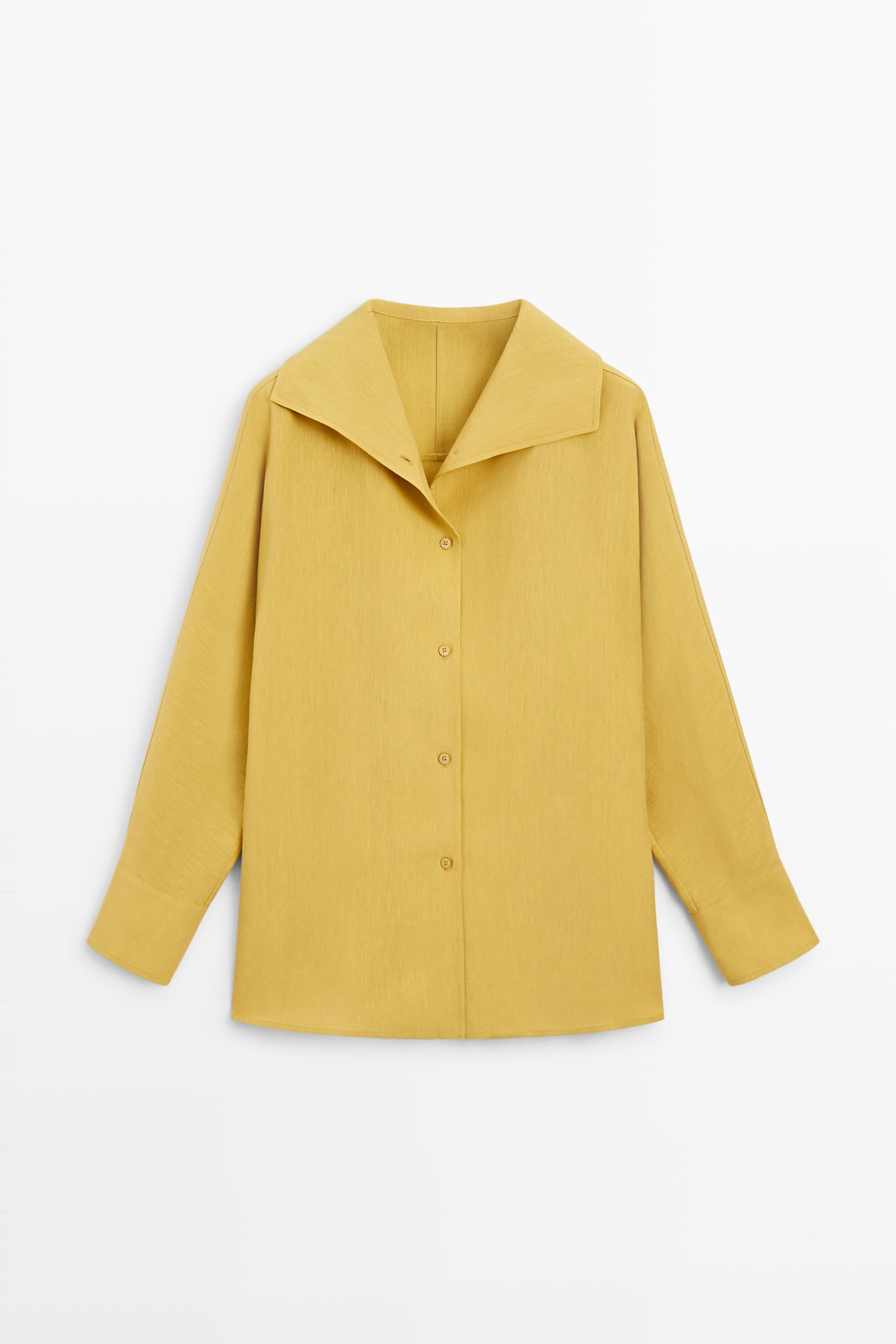 Flowing linen blend shirt with statement collar — MUSTARD YELLOW