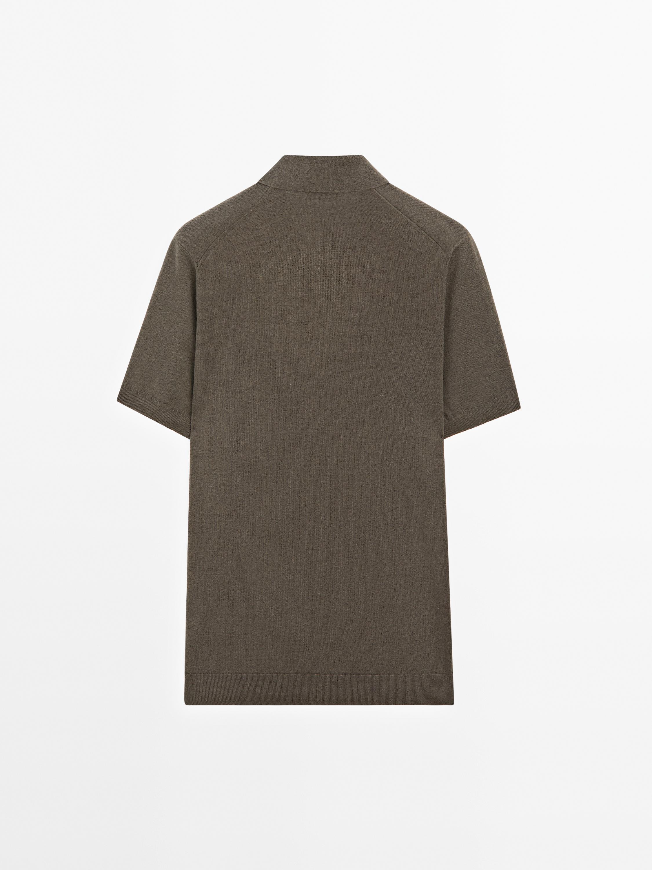 Linen blend knit V-neck polo shirt
