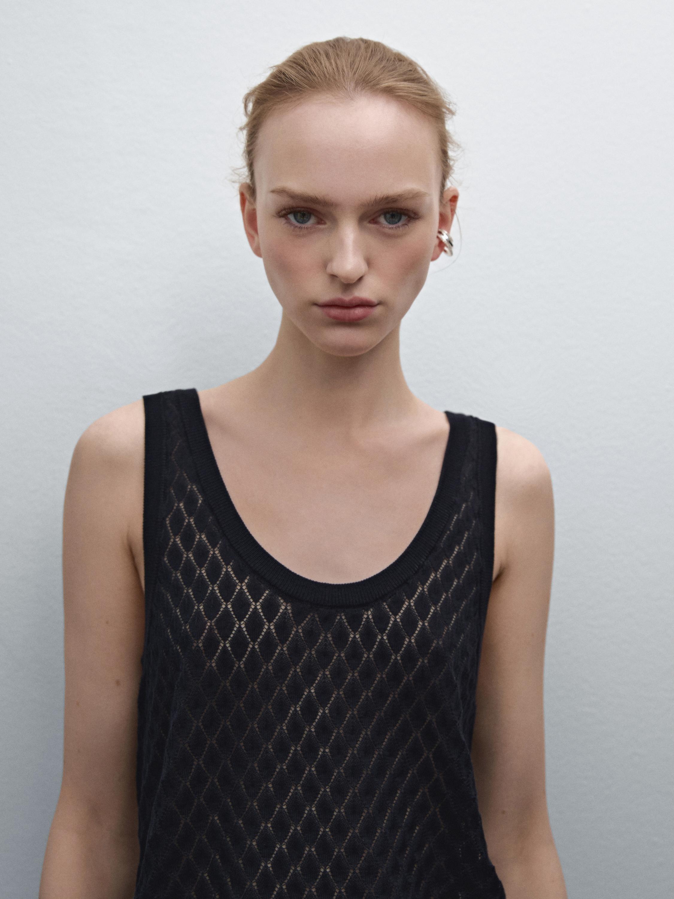 Knit openwork top with straps