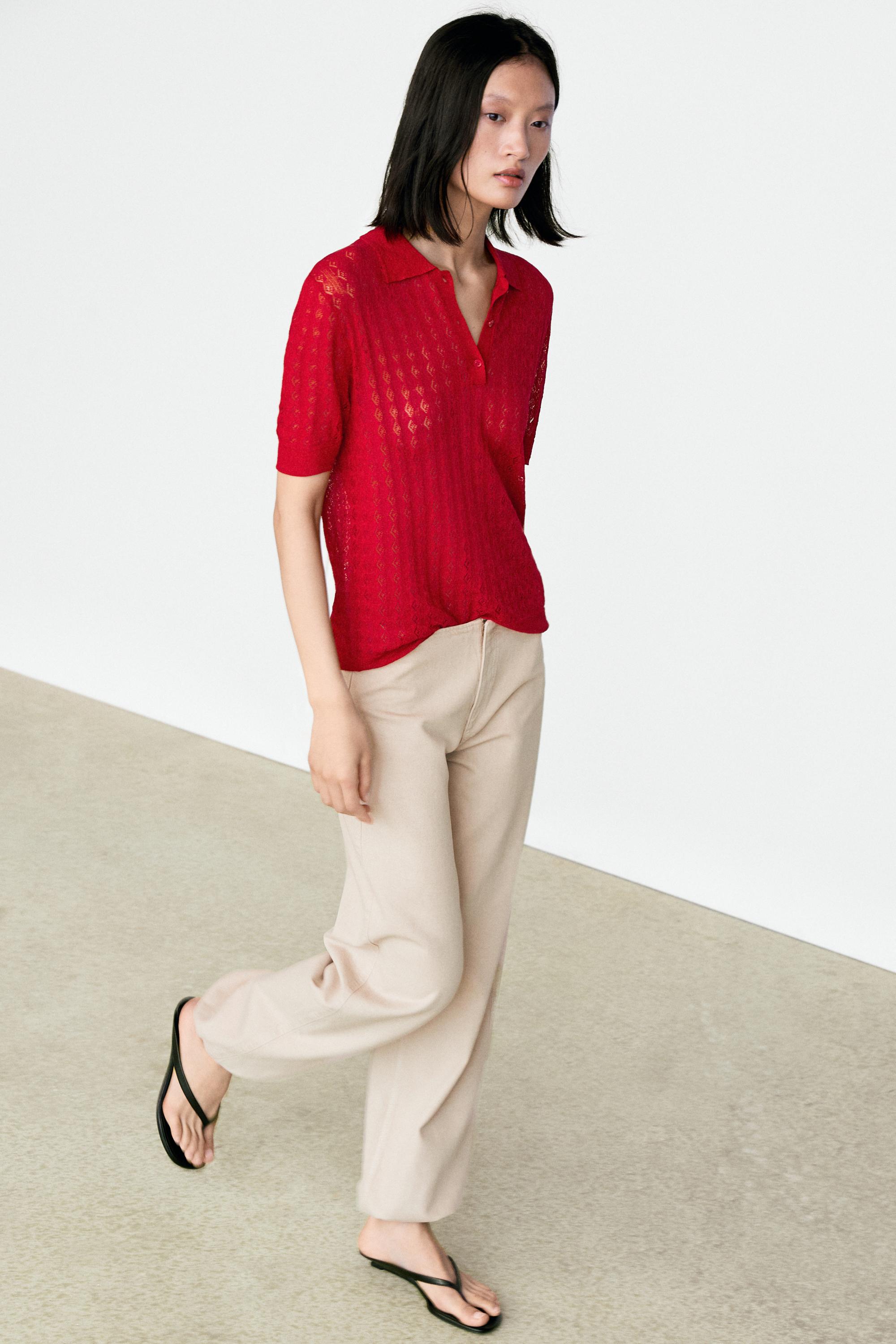 Open-knit polo sweater — RED
