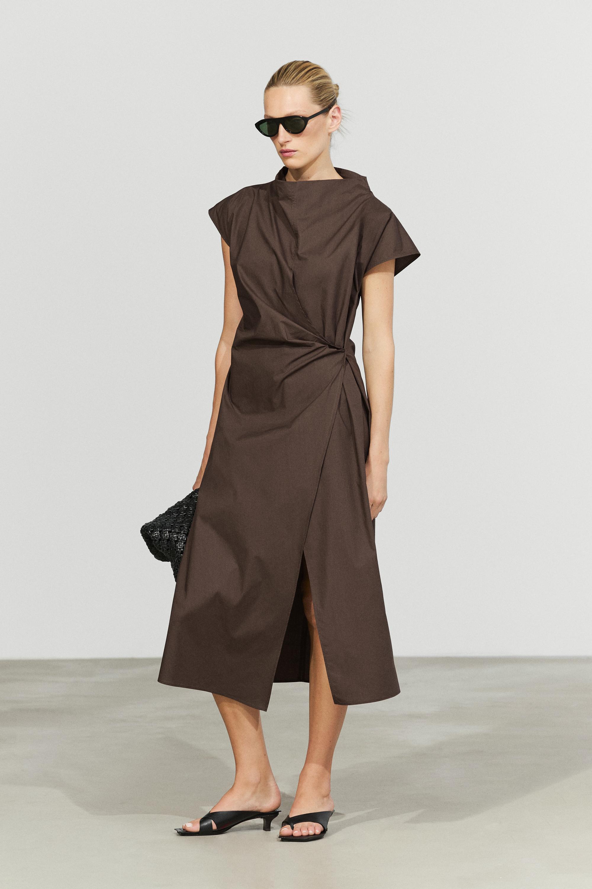 100% cotton draped poplin dress — BROWN