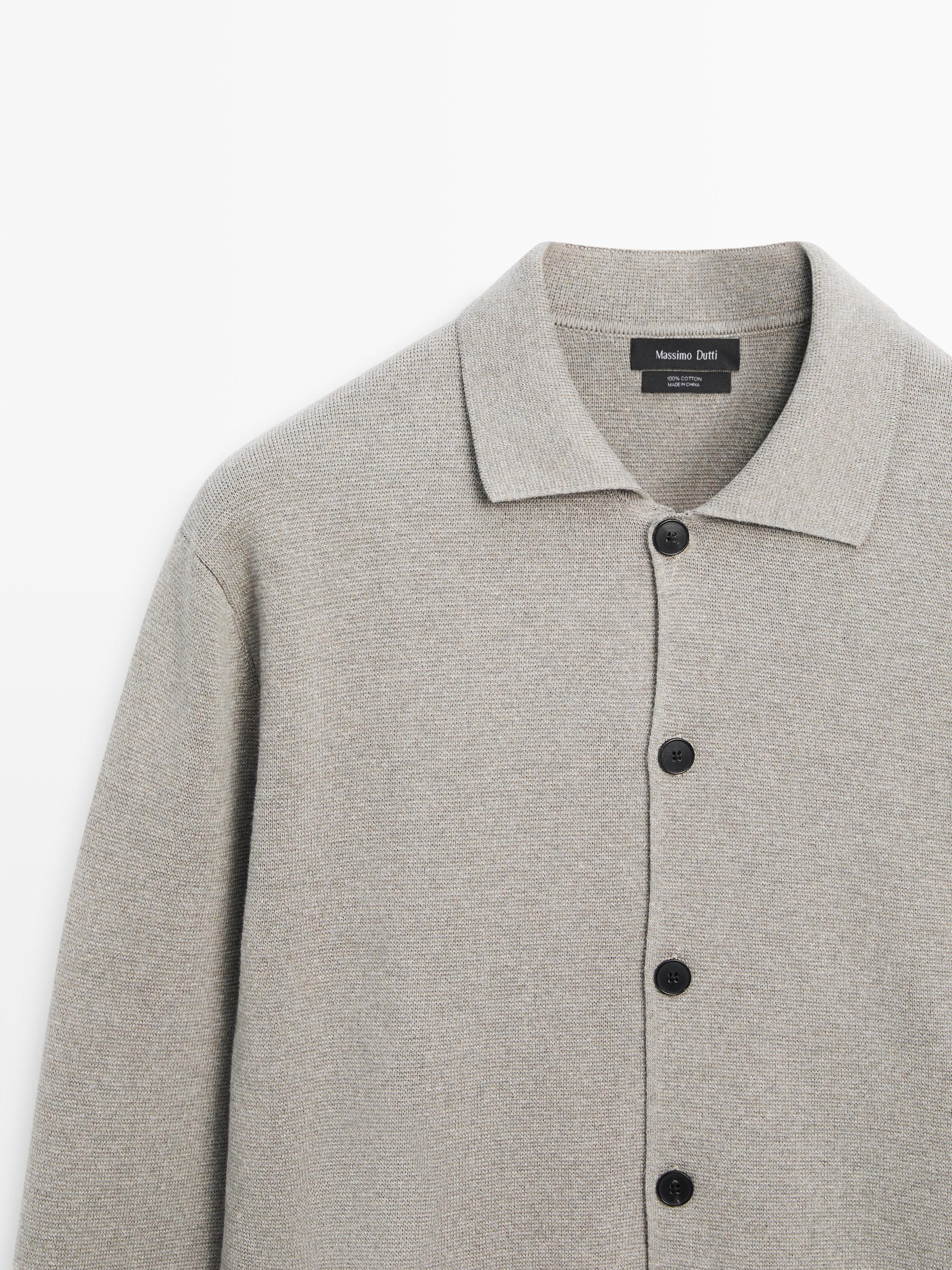 100% cotton knit cardigan with polo collar — APPLE GREEN