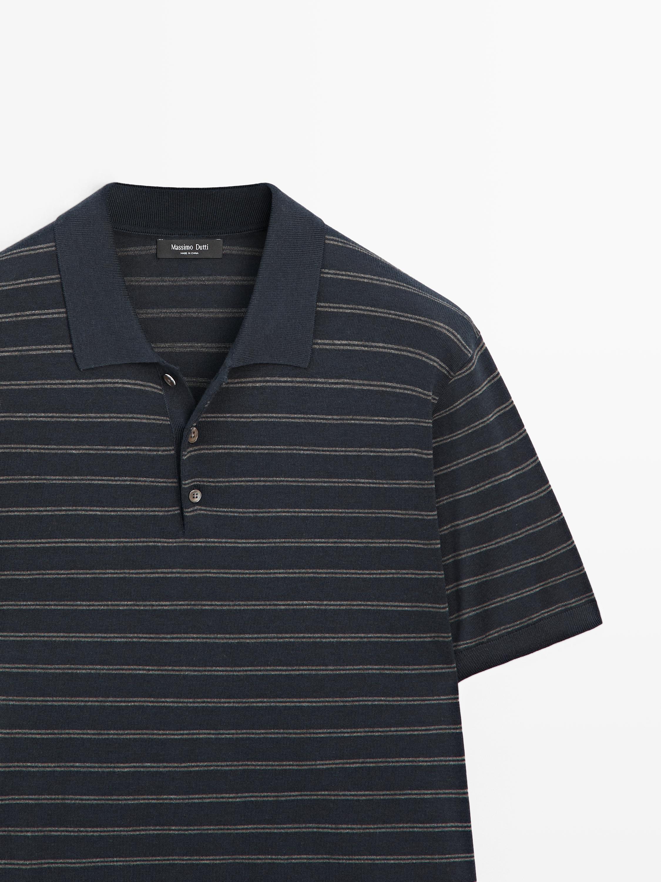 Cotton blend knit polo shirt with striped detail — NAVY BLUE