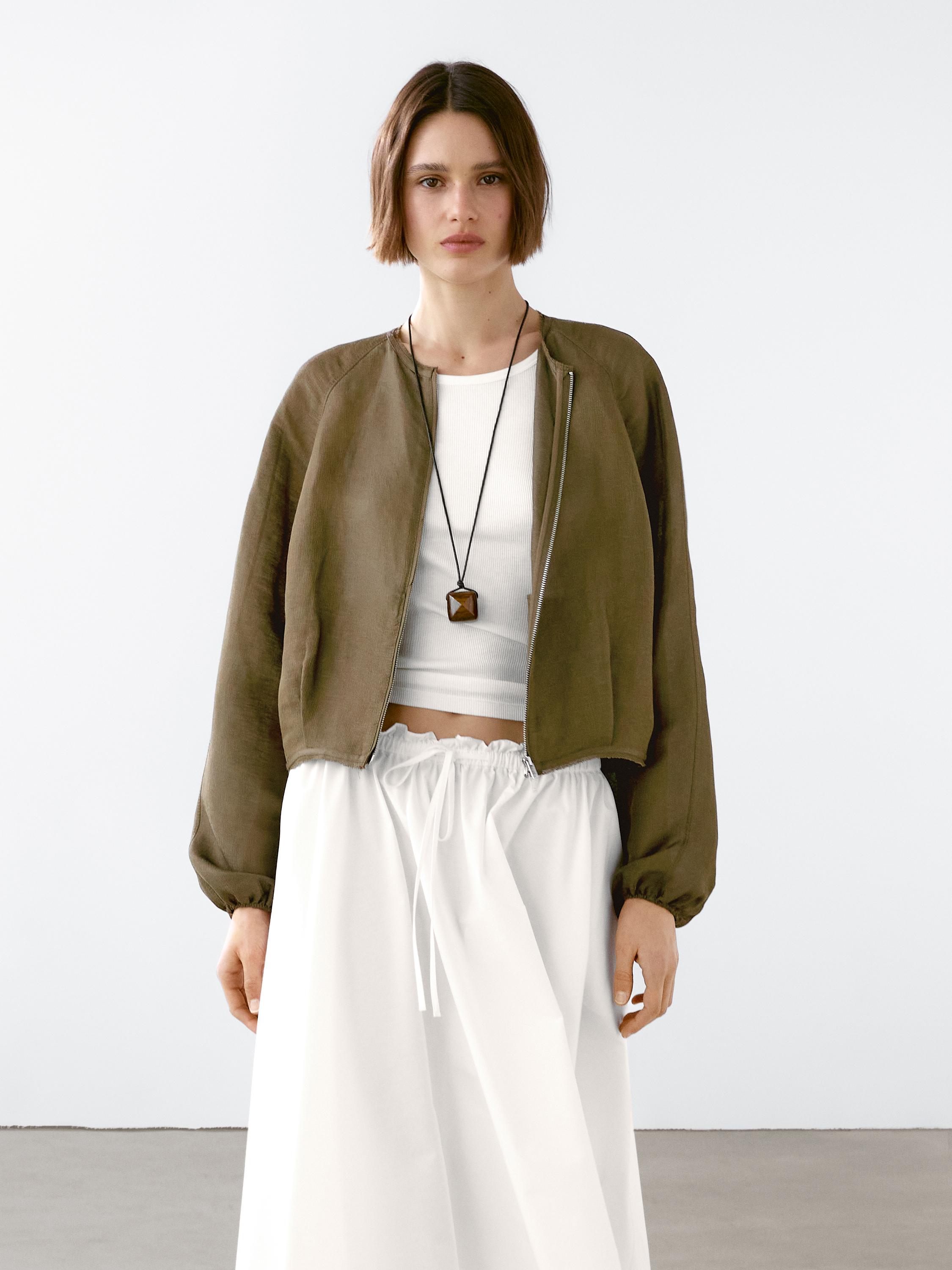 Frayed linen and silk bomber jacket · Beige, Sand Brown
