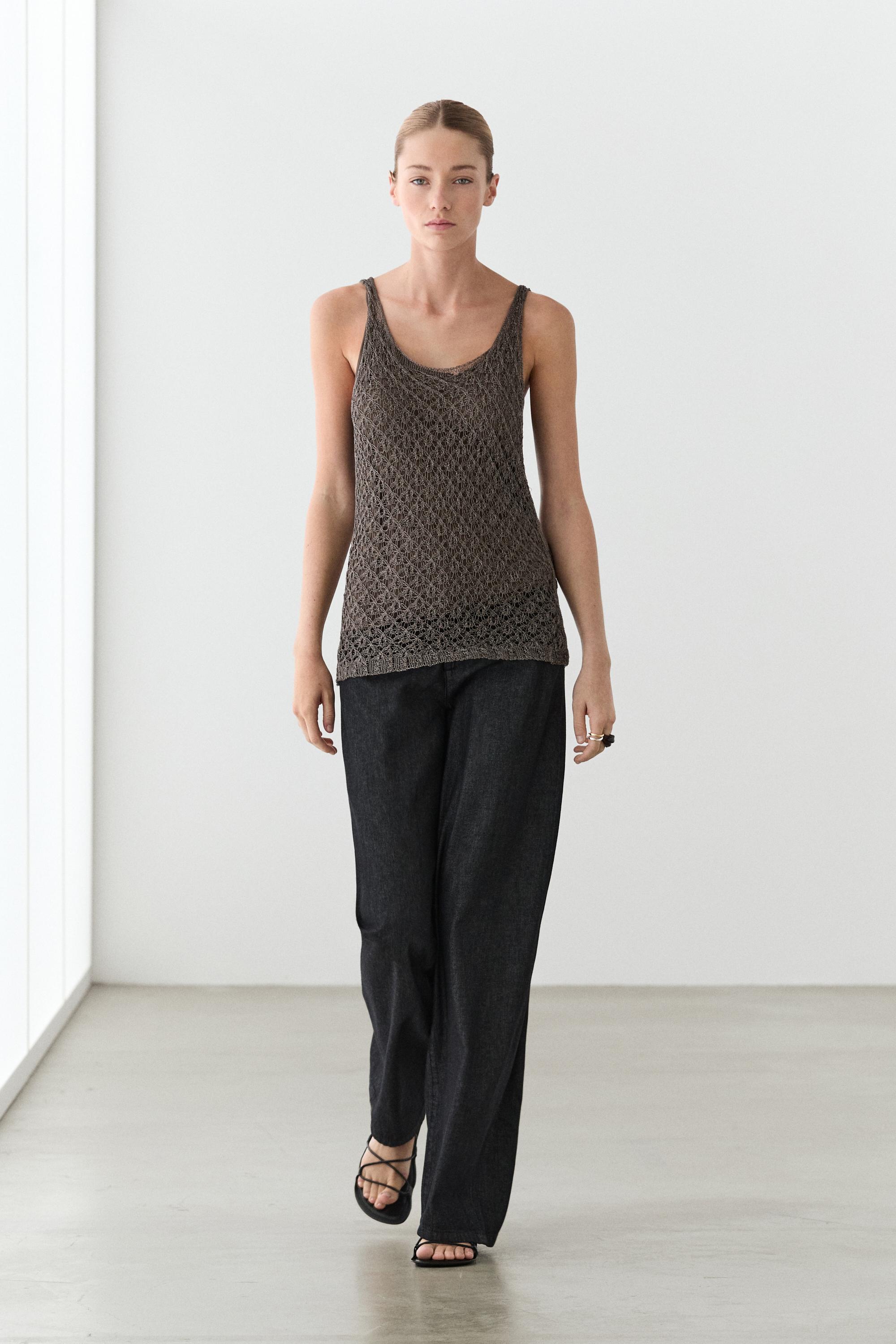 Strappy metallic mesh top