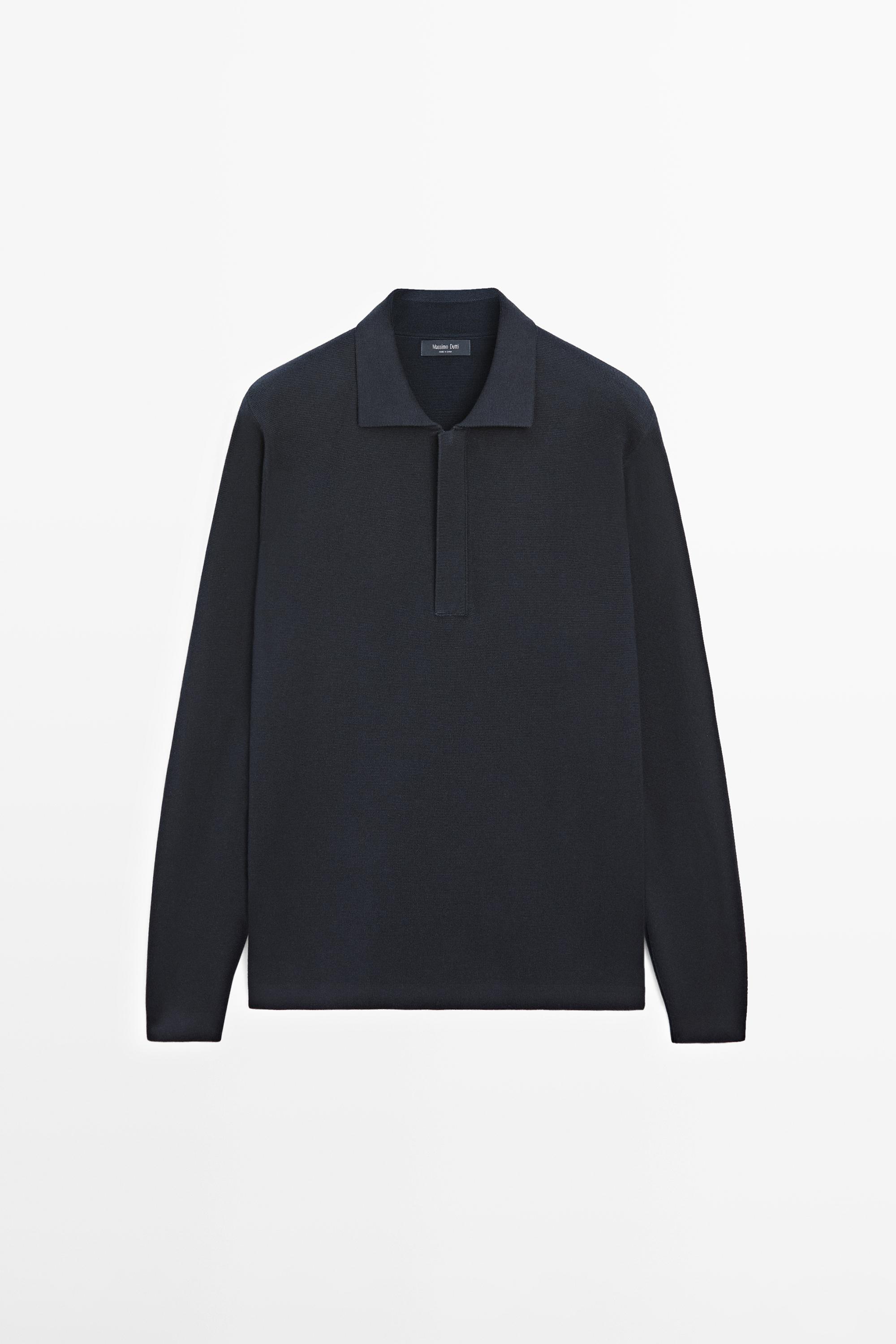 Cotton blend zip-up knit polo sweater — NAVY BLUE