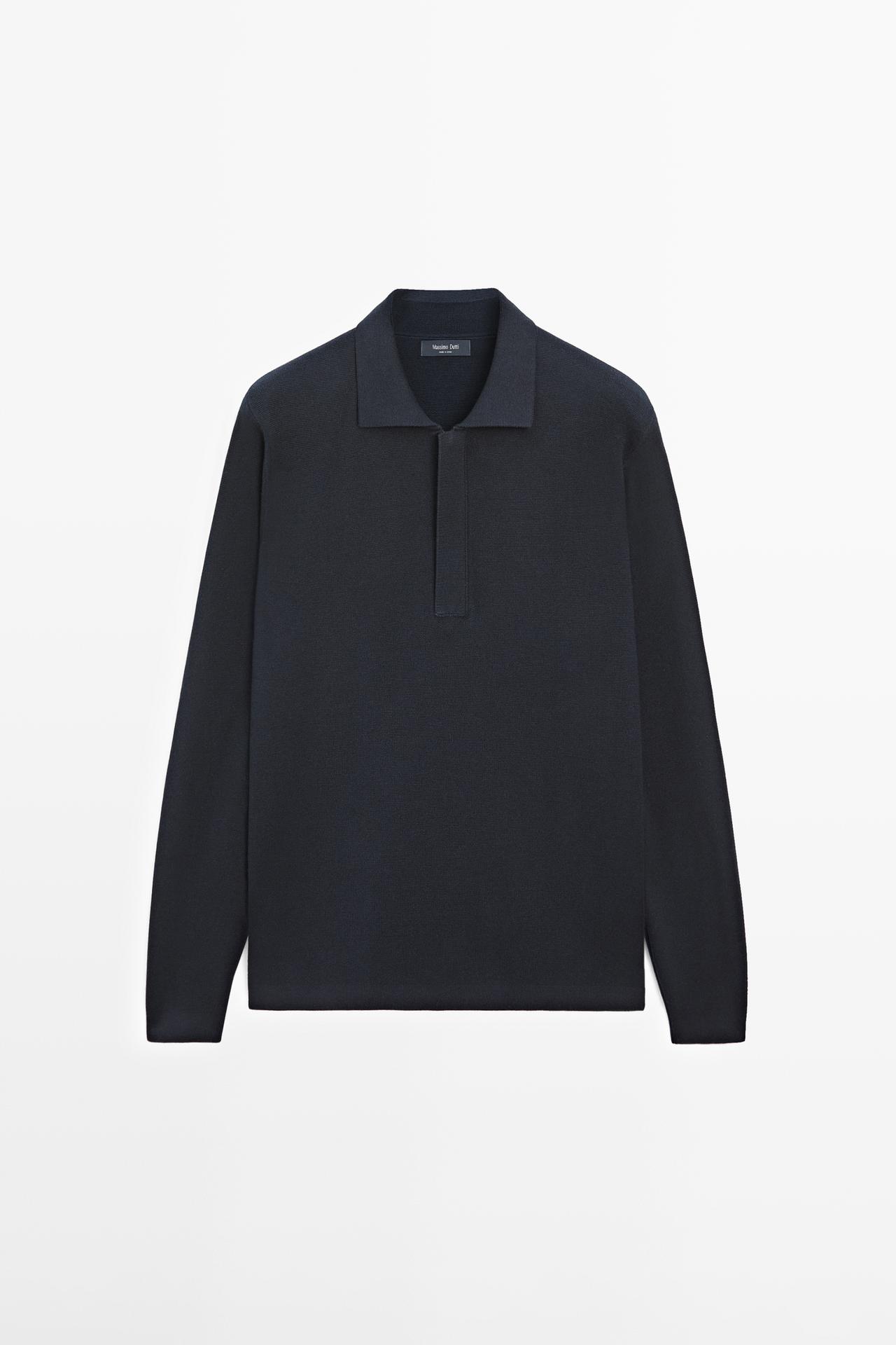 Cotton blend zip-up knit polo sweater — NAVY BLUE