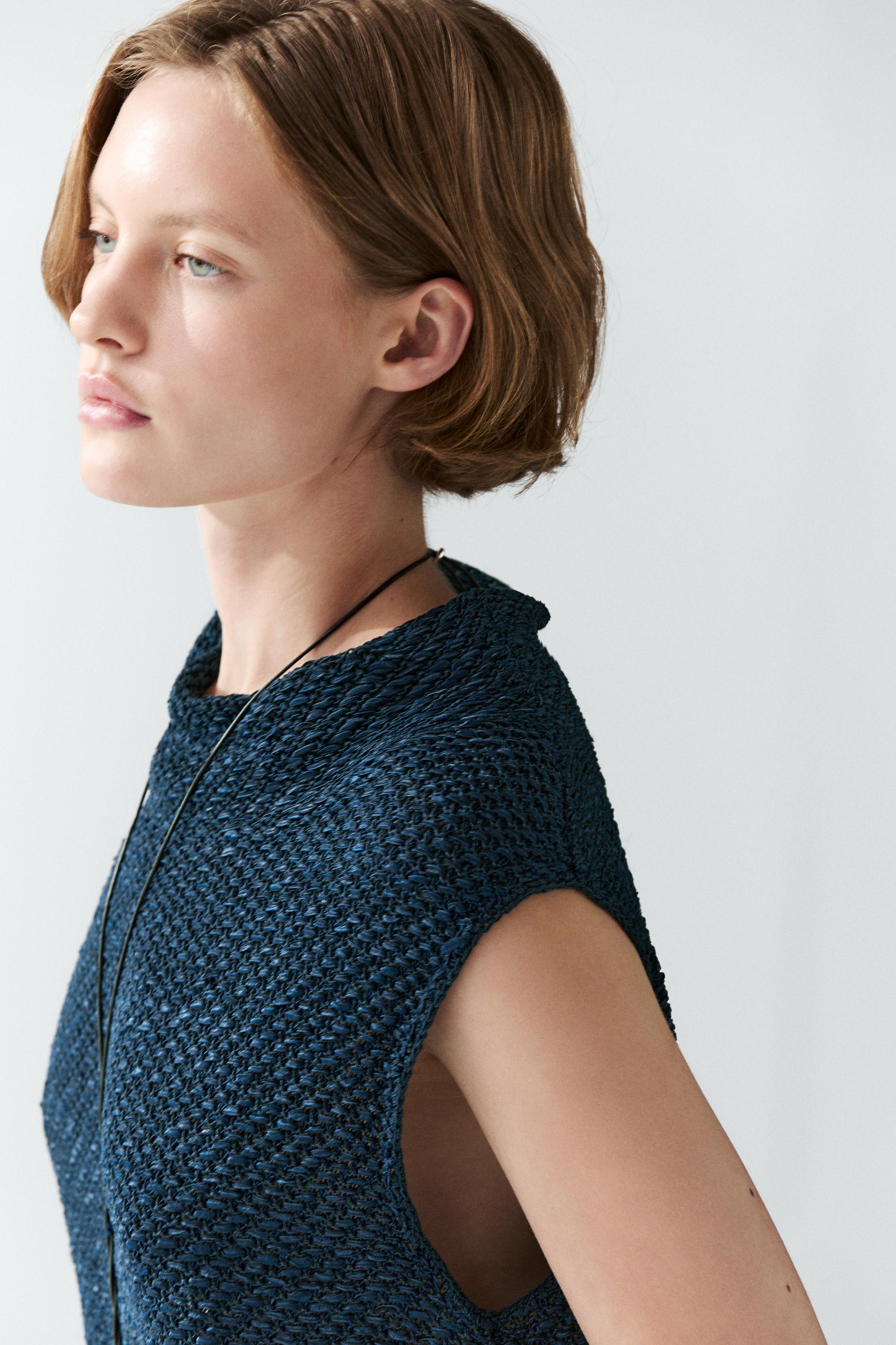 Cotton blend roll neck top — Dark Blue